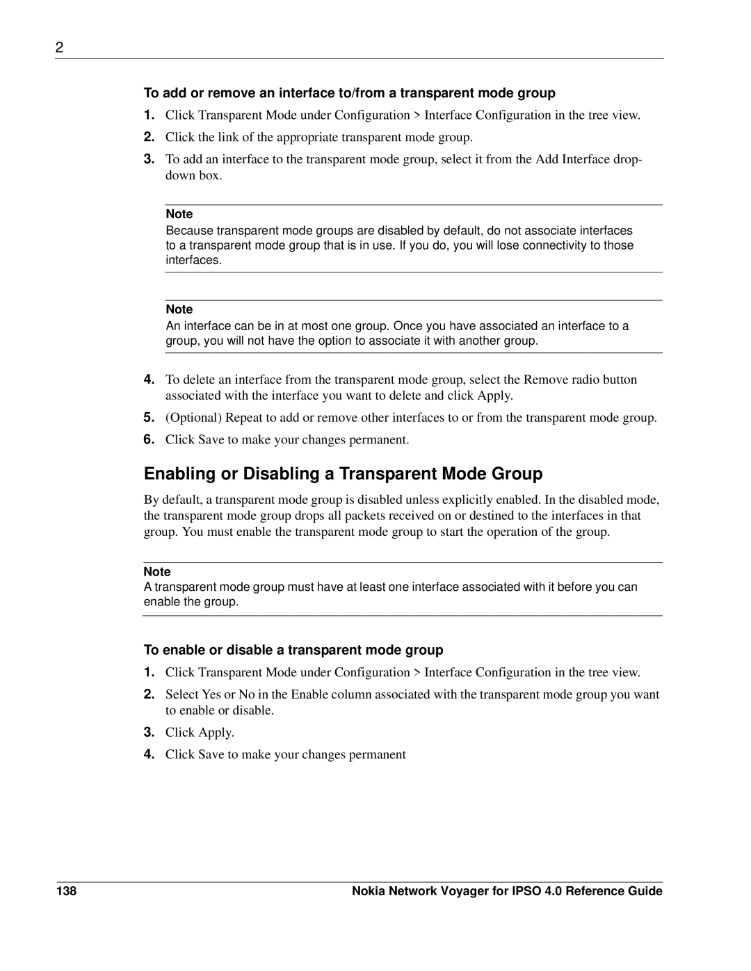 Nokia IPSO 4.0 manual Enabling or Disabling a Transparent Mode Group, To enable or disable a transparent mode group, 138 