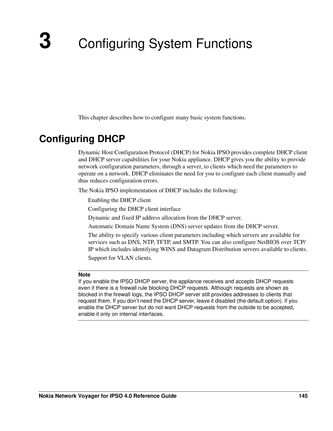 Nokia IPSO 4.0 manual Configuring Dhcp, Nokia Network Voyager for Ipso 4.0 Reference Guide 145 