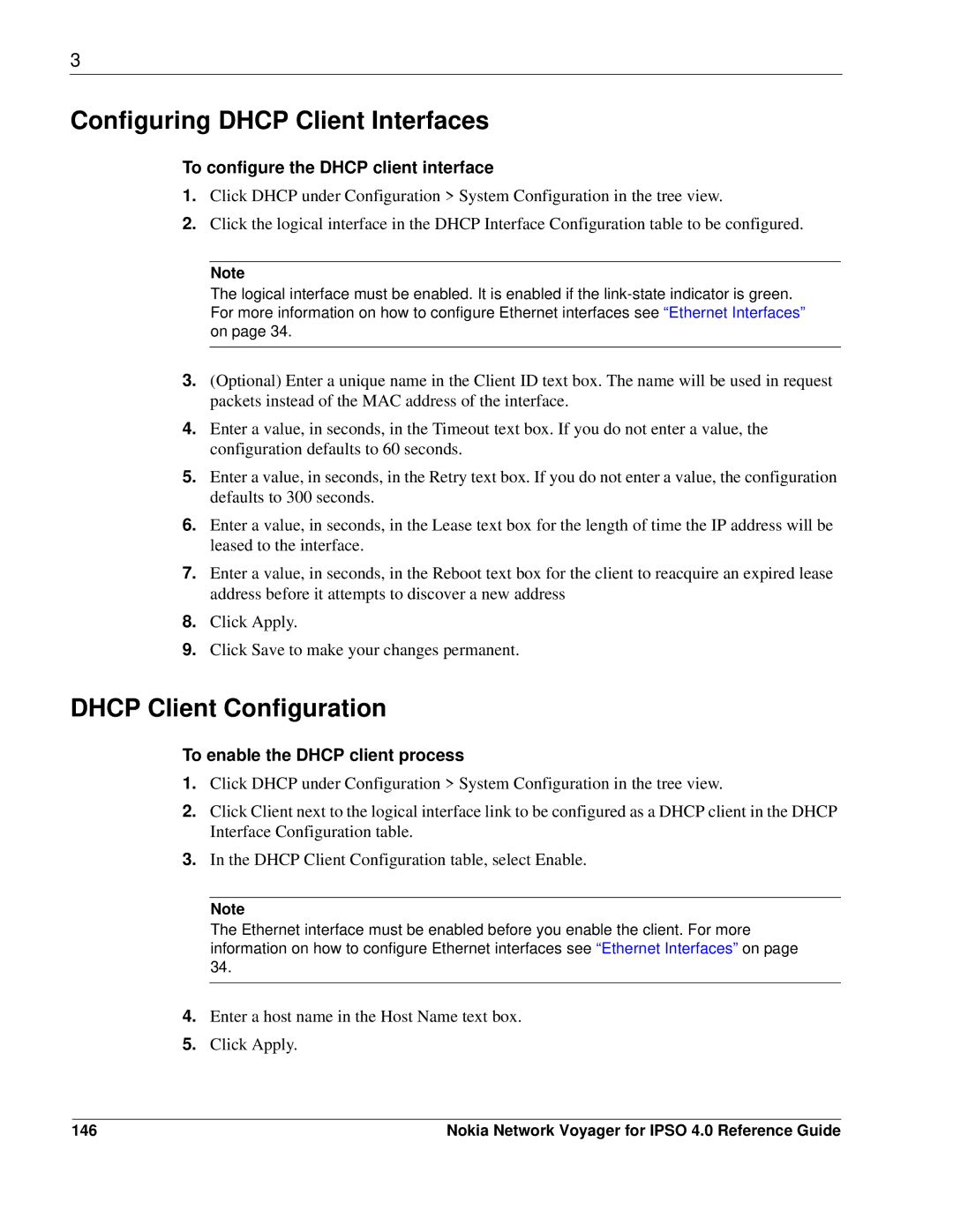 Nokia IPSO 4.0 Configuring Dhcp Client Interfaces, Dhcp Client Configuration, To configure the Dhcp client interface, 146 