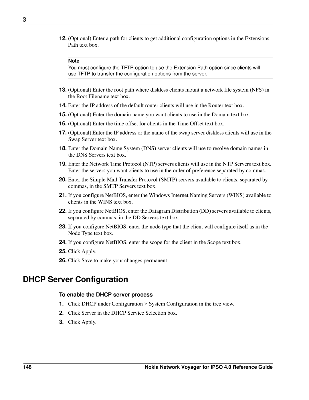 Nokia IPSO 4.0 manual Dhcp Server Configuration, To enable the Dhcp server process, 148 