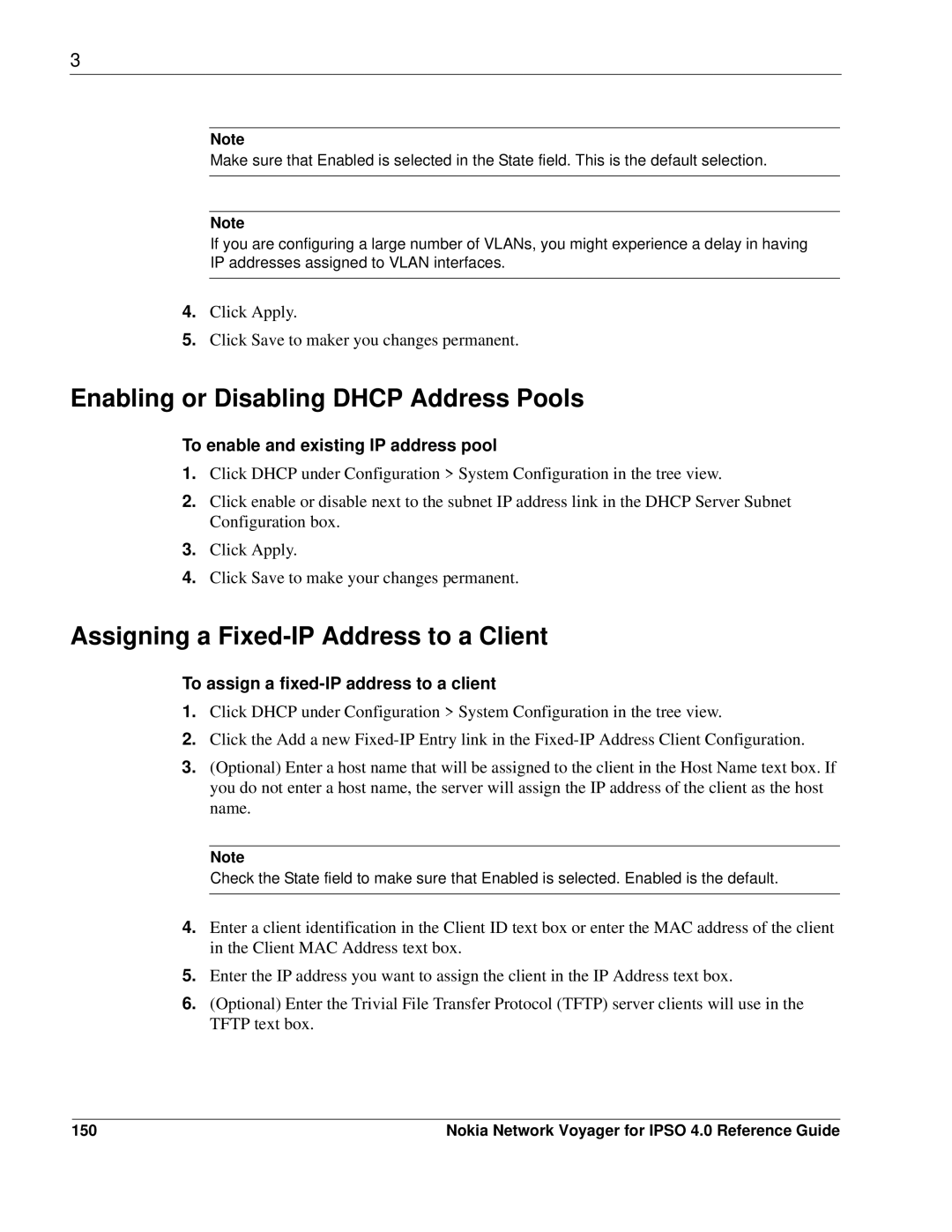 Nokia IPSO 4.0 manual Enabling or Disabling Dhcp Address Pools, Assigning a Fixed-IP Address to a Client, 150 