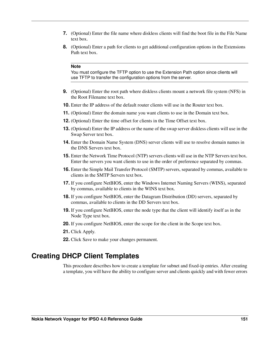 Nokia IPSO 4.0 manual Creating Dhcp Client Templates, Nokia Network Voyager for Ipso 4.0 Reference Guide 151 