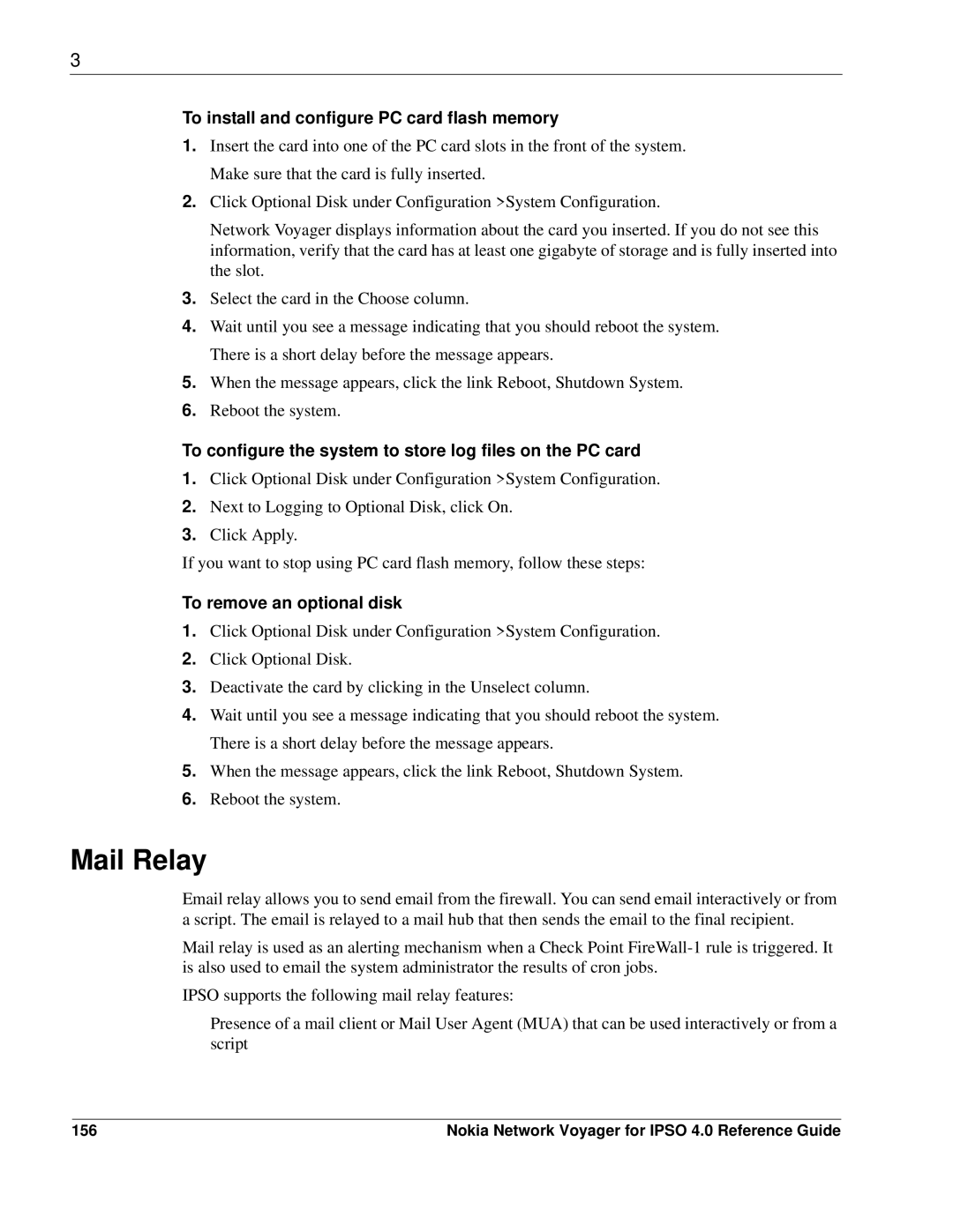 Nokia IPSO 4.0 manual Mail Relay, To install and configure PC card flash memory, To remove an optional disk, 156 