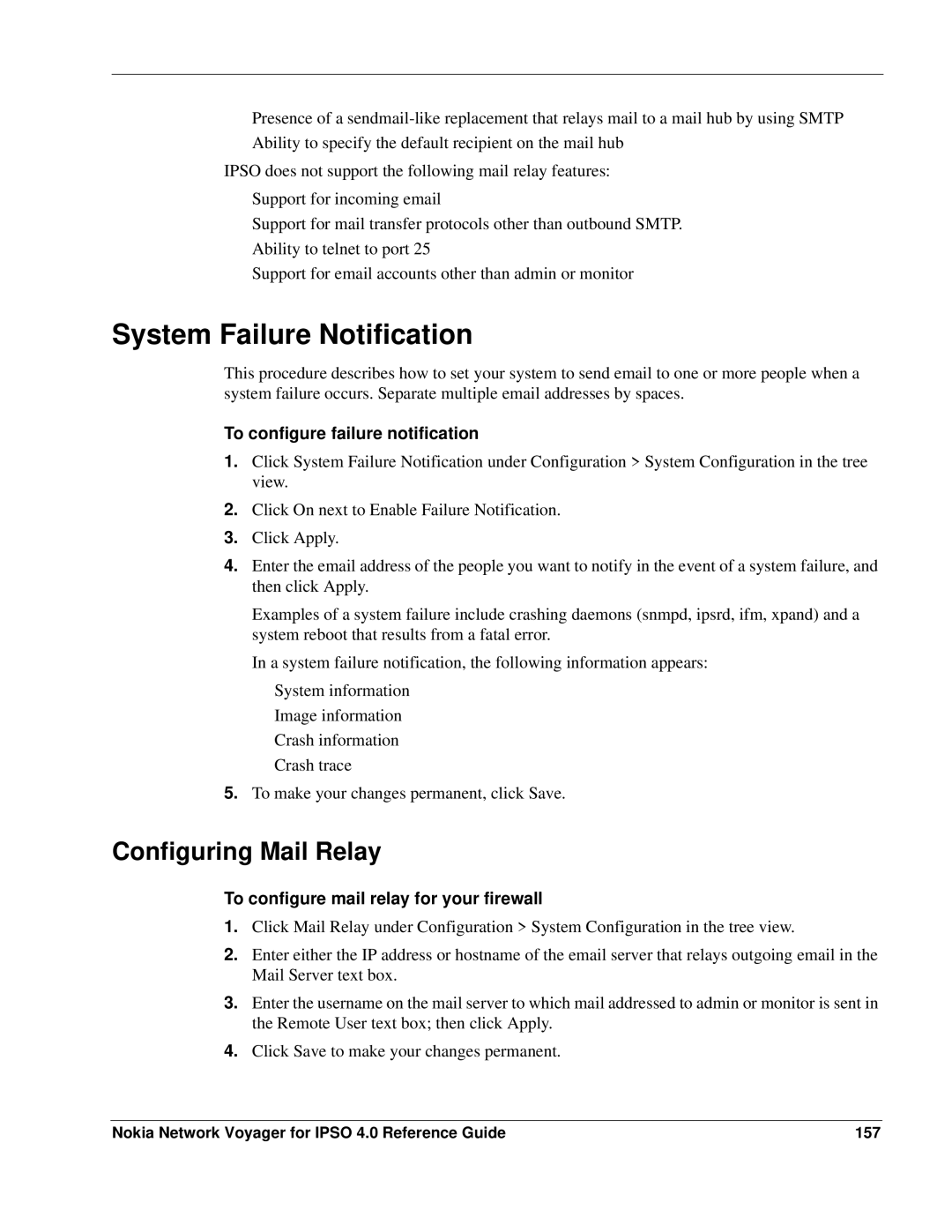 Nokia IPSO 4.0 manual System Failure Notification, Configuring Mail Relay, To configure failure notification 