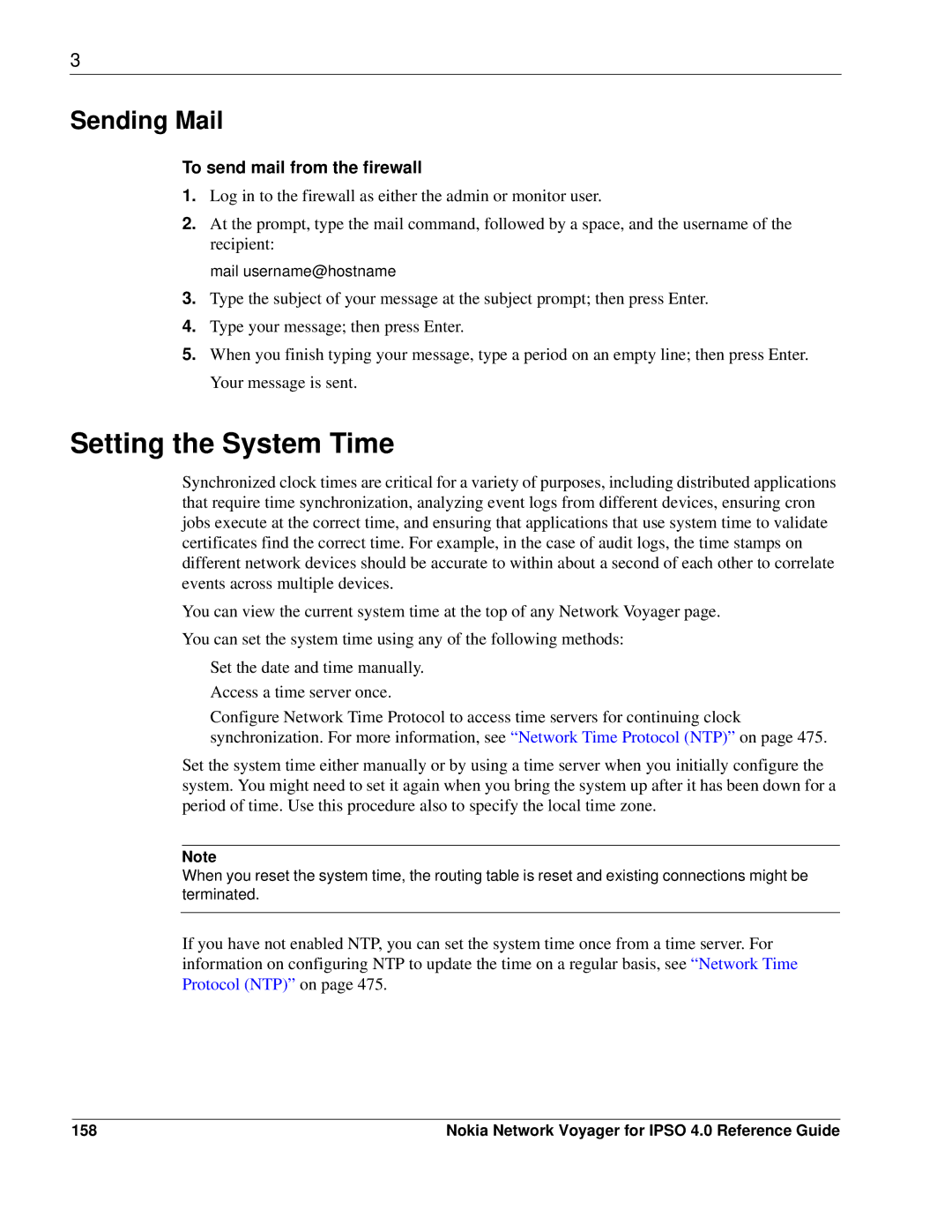 Nokia IPSO 4.0 manual Setting the System Time, Sending Mail, To send mail from the firewall, 158 