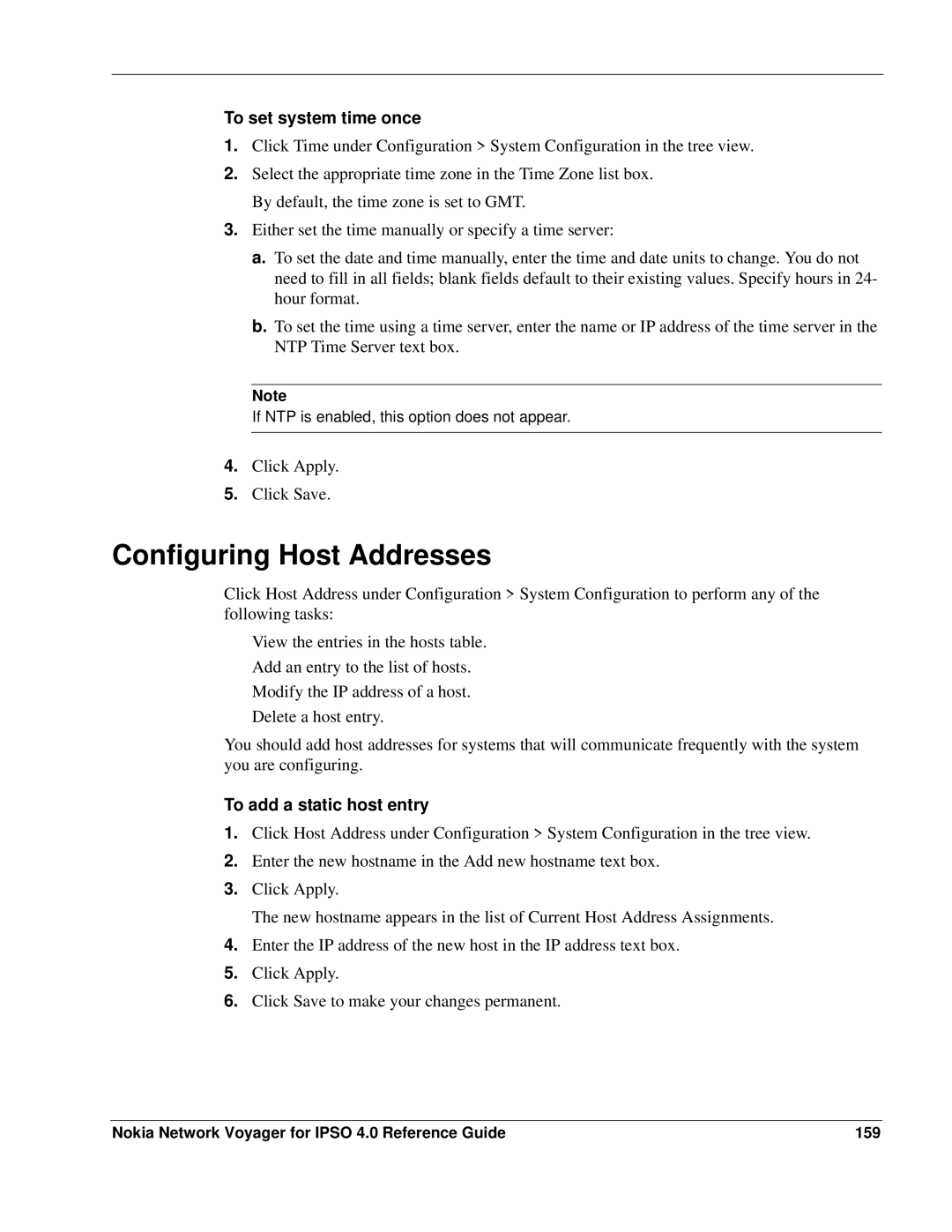 Nokia IPSO 4.0 manual Configuring Host Addresses, To set system time once, To add a static host entry 