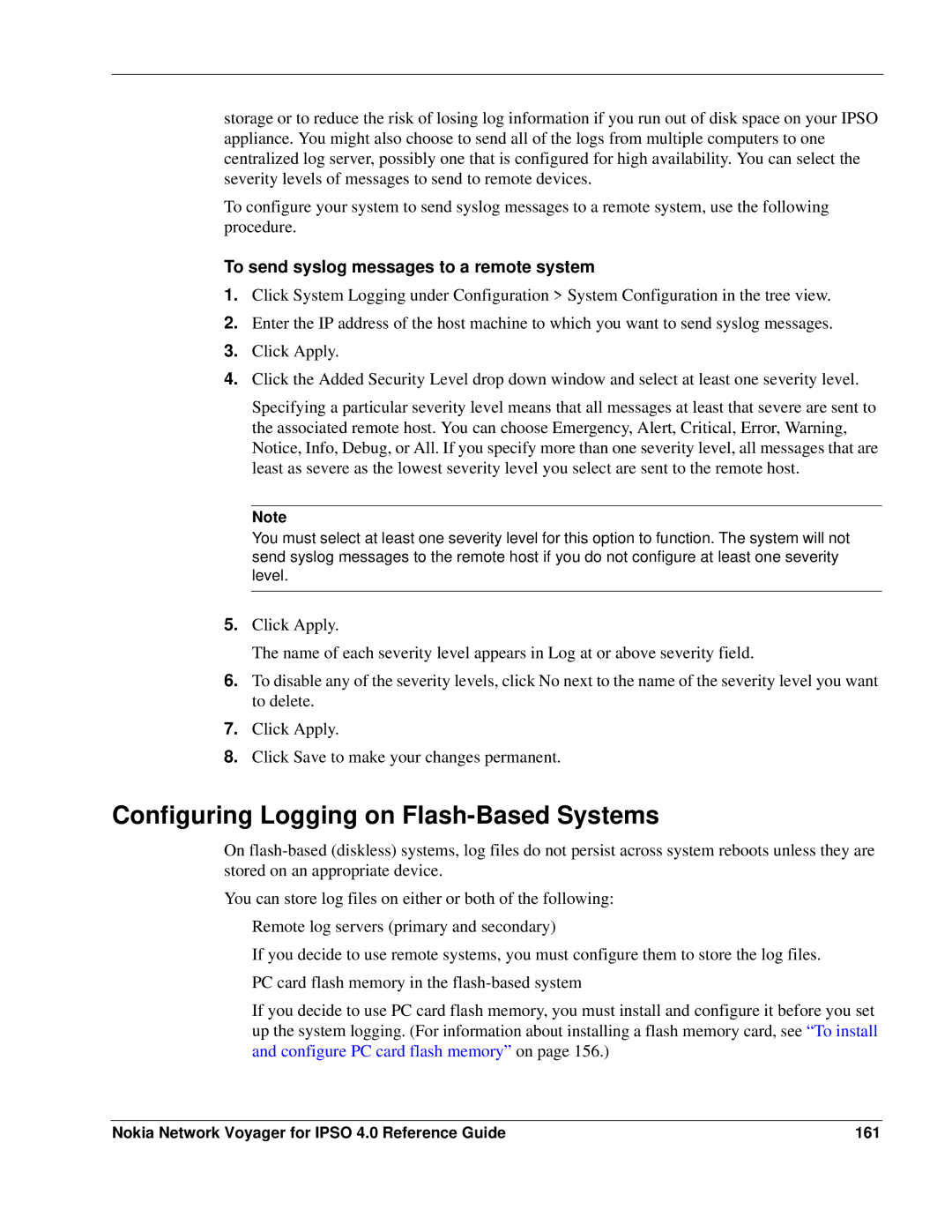 Nokia IPSO 4.0 manual Configuring Logging on Flash-Based Systems, To send syslog messages to a remote system 