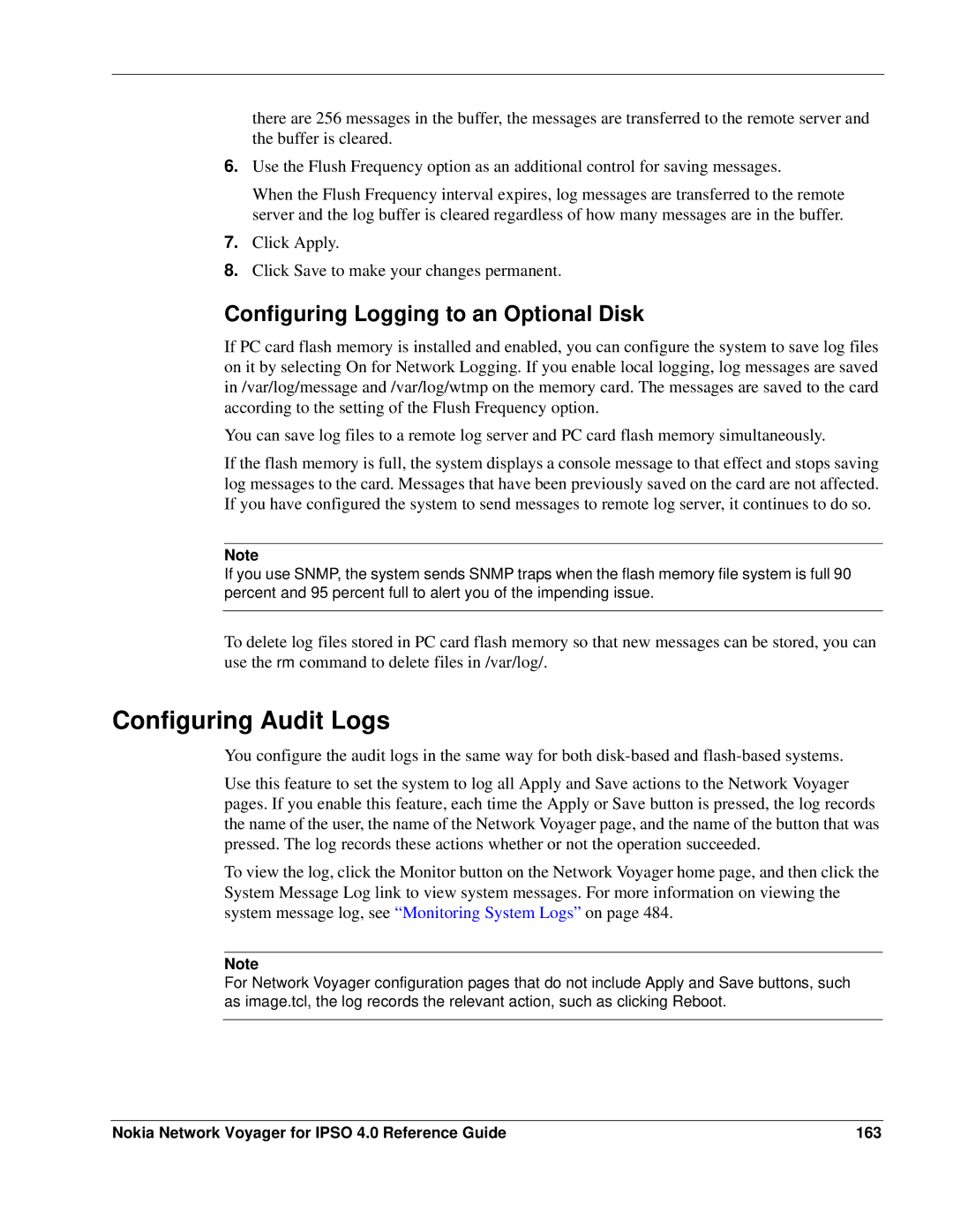 Nokia IPSO 4.0 manual Configuring Audit Logs, Configuring Logging to an Optional Disk 