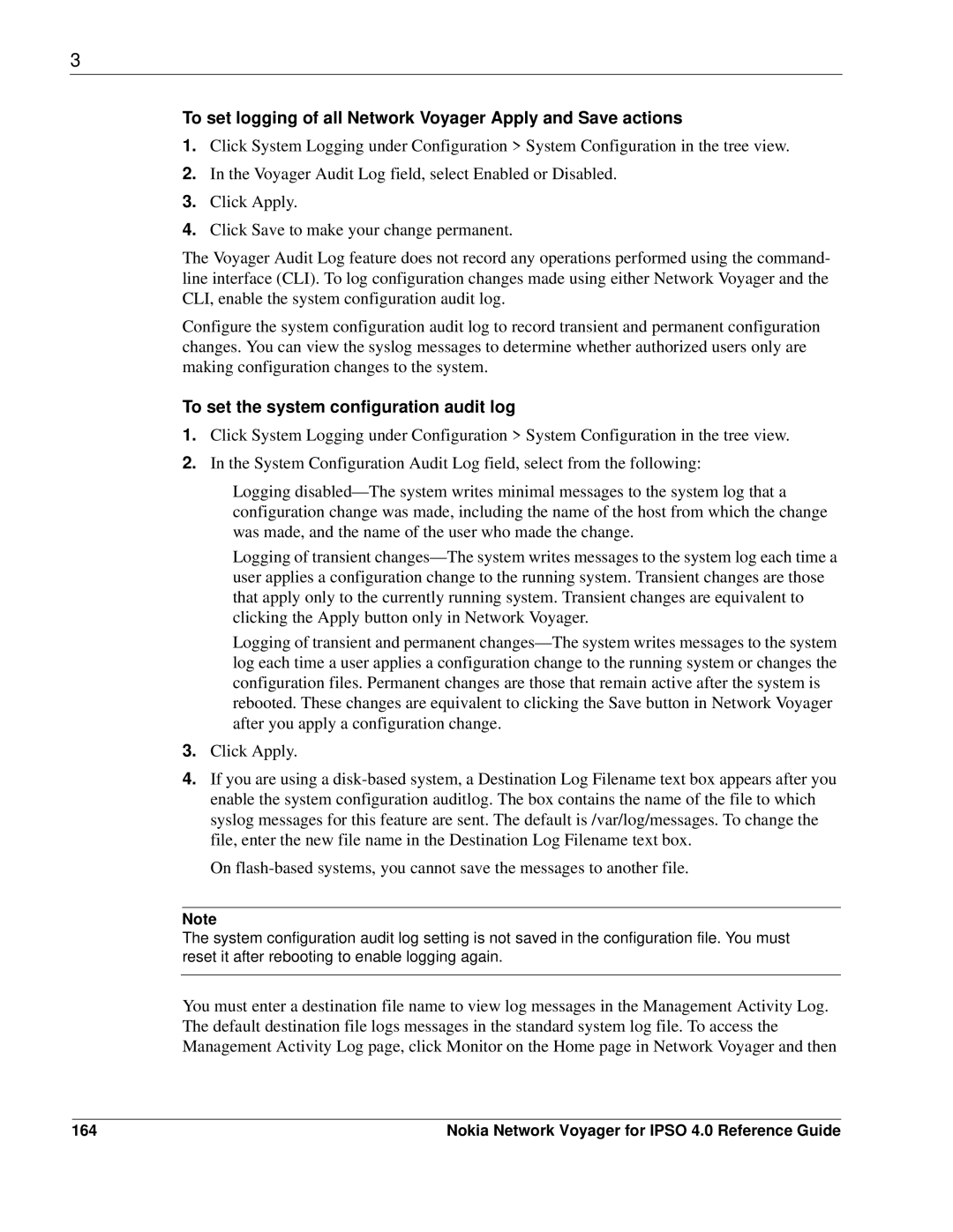 Nokia IPSO 4.0 manual To set the system configuration audit log, 164 