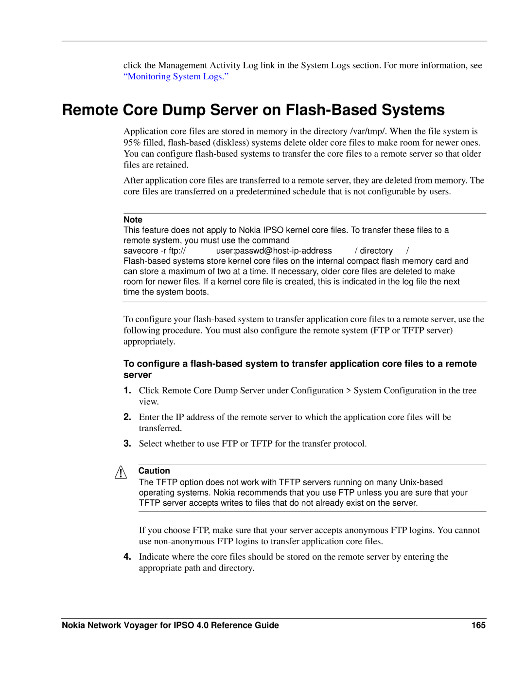 Nokia IPSO 4.0 Remote Core Dump Server on Flash-Based Systems, Nokia Network Voyager for Ipso 4.0 Reference Guide 165 