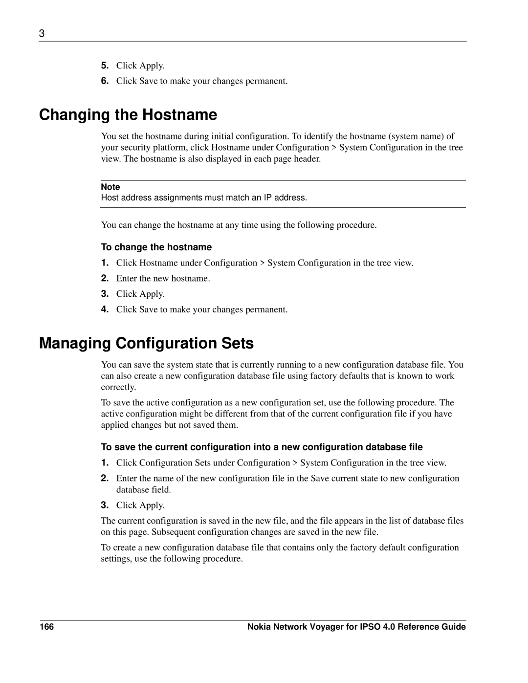 Nokia IPSO 4.0 manual Changing the Hostname, Managing Configuration Sets, To change the hostname, 166 