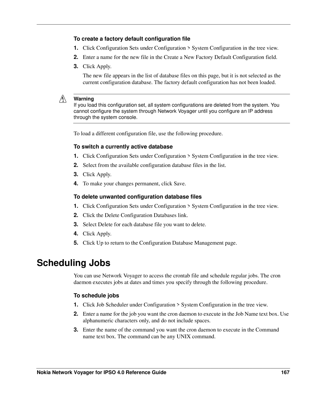 Nokia IPSO 4.0 Scheduling Jobs, To create a factory default configuration file, To switch a currently active database 