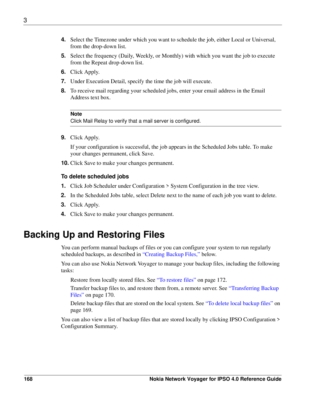 Nokia IPSO 4.0 manual Backing Up and Restoring Files, To delete scheduled jobs, 168 