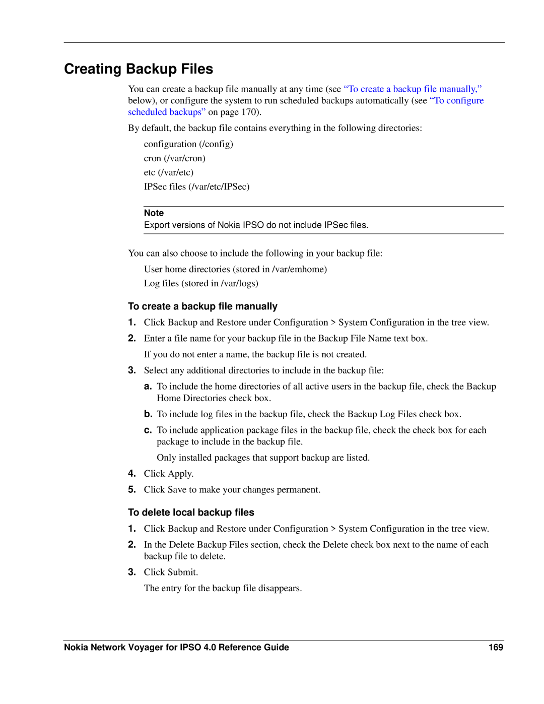Nokia IPSO 4.0 Creating Backup Files, To create a backup file manually, To delete local backup files 
