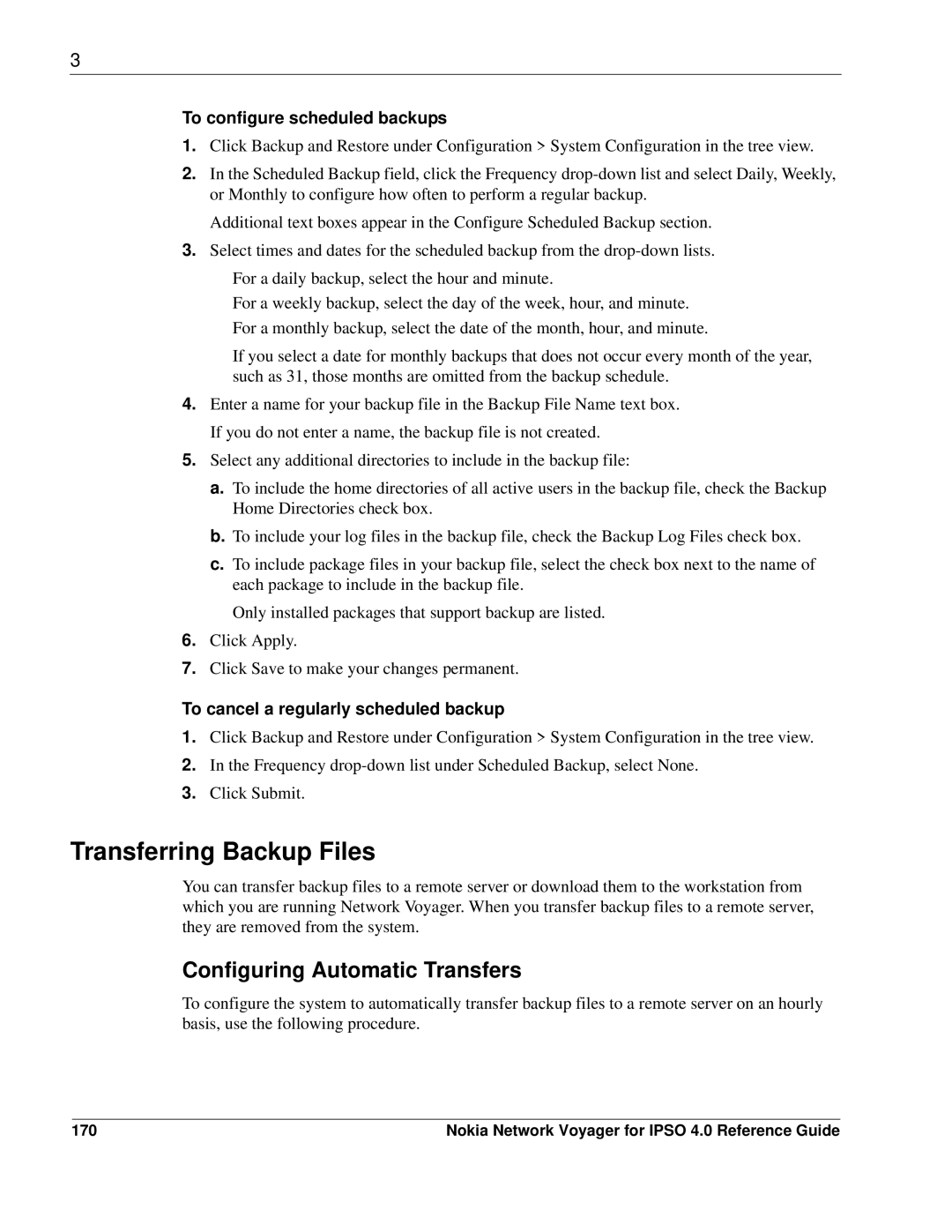 Nokia IPSO 4.0 manual Transferring Backup Files, Configuring Automatic Transfers, To configure scheduled backups, 170 