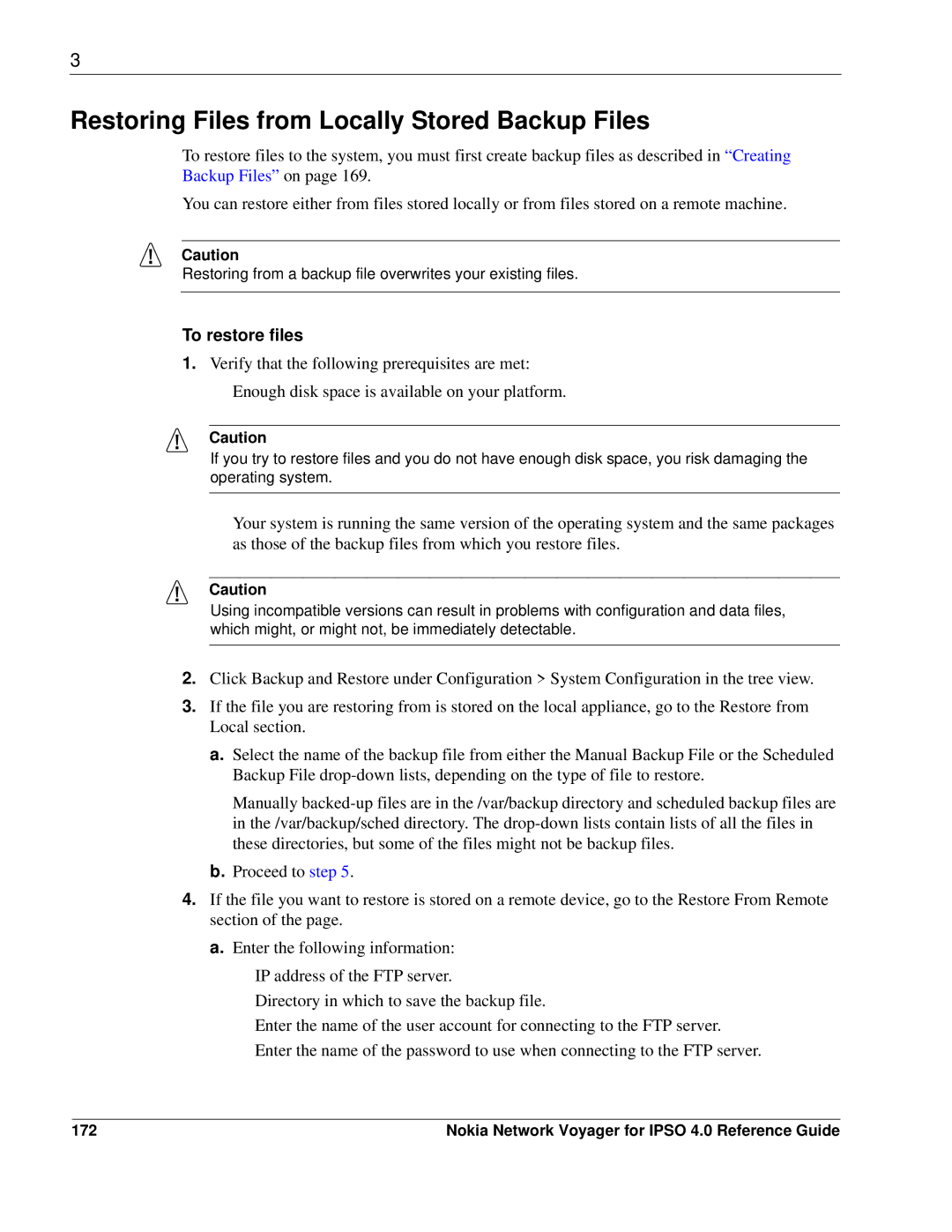 Nokia IPSO 4.0 manual Restoring Files from Locally Stored Backup Files, To restore files, 172 