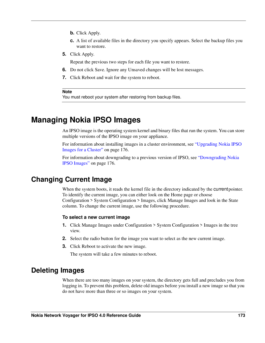 Nokia IPSO 4.0 manual Managing Nokia Ipso Images, Changing Current Image, Deleting Images, To select a new current image 