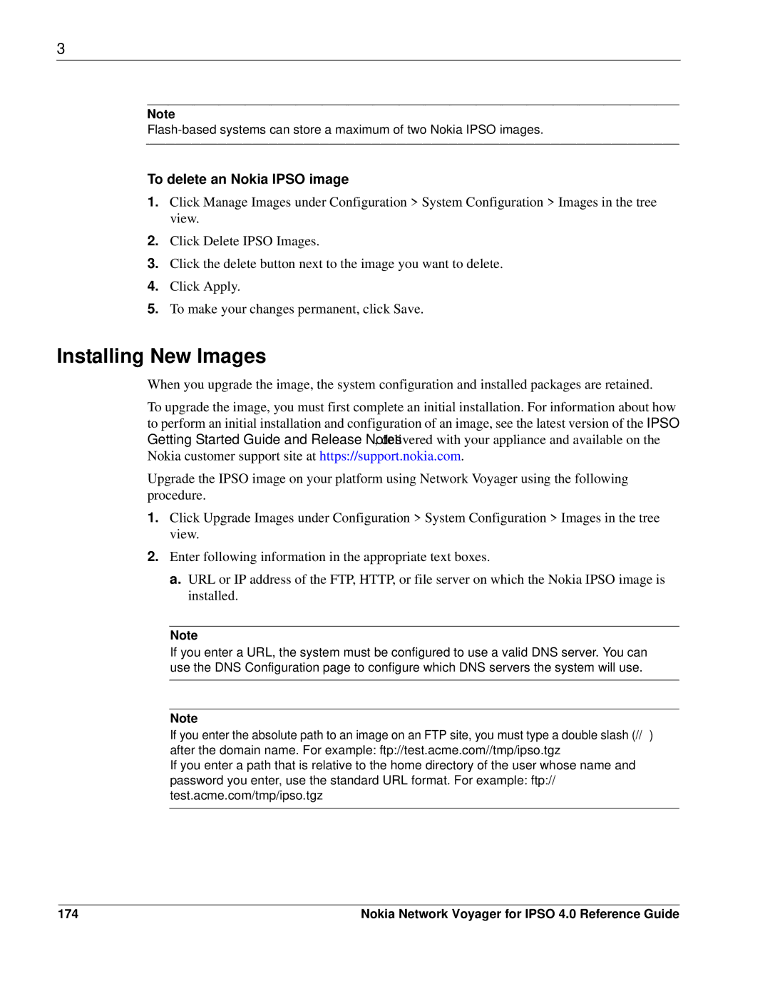 Nokia IPSO 4.0 manual Installing New Images, To delete an Nokia Ipso image, 174 
