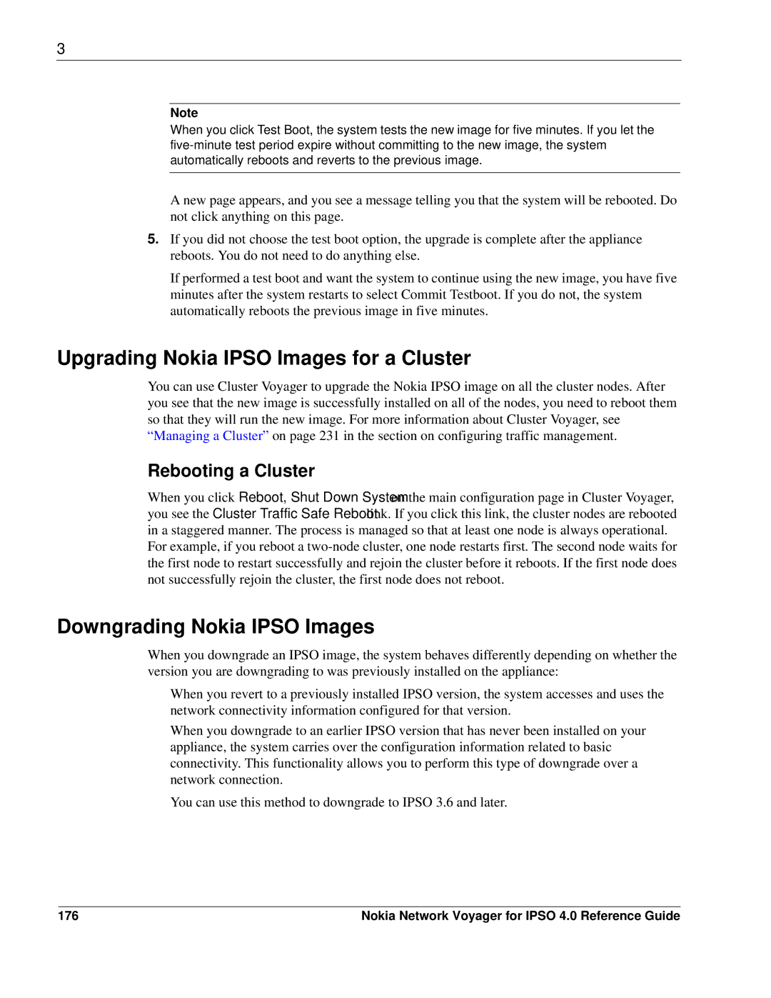 Nokia IPSO 4.0 manual Upgrading Nokia Ipso Images for a Cluster, Downgrading Nokia Ipso Images, Rebooting a Cluster, 176 