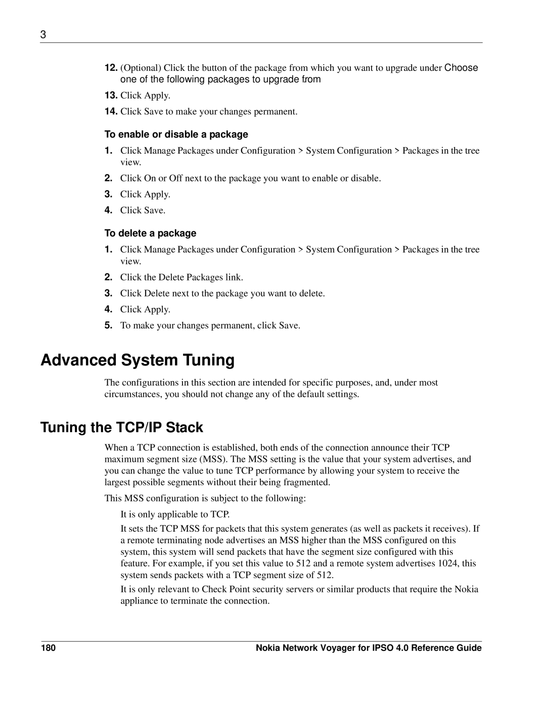 Nokia IPSO 4.0 Advanced System Tuning, Tuning the TCP/IP Stack, To enable or disable a package, To delete a package, 180 