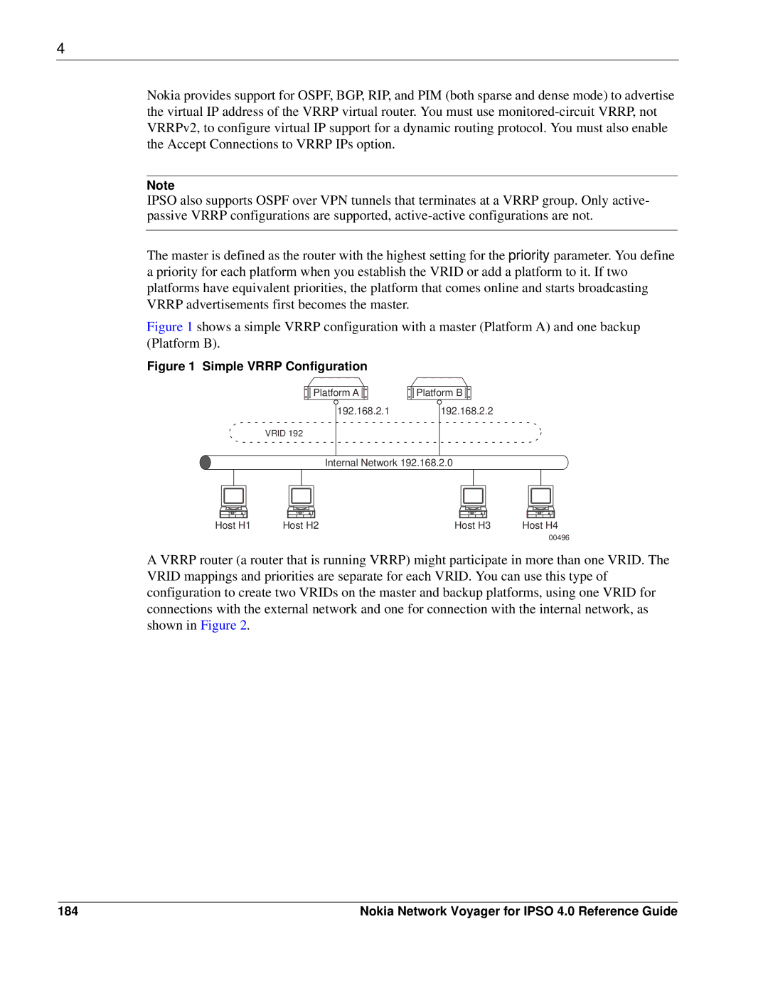 Nokia IPSO 4.0 manual Simple Vrrp Configuration, 184 