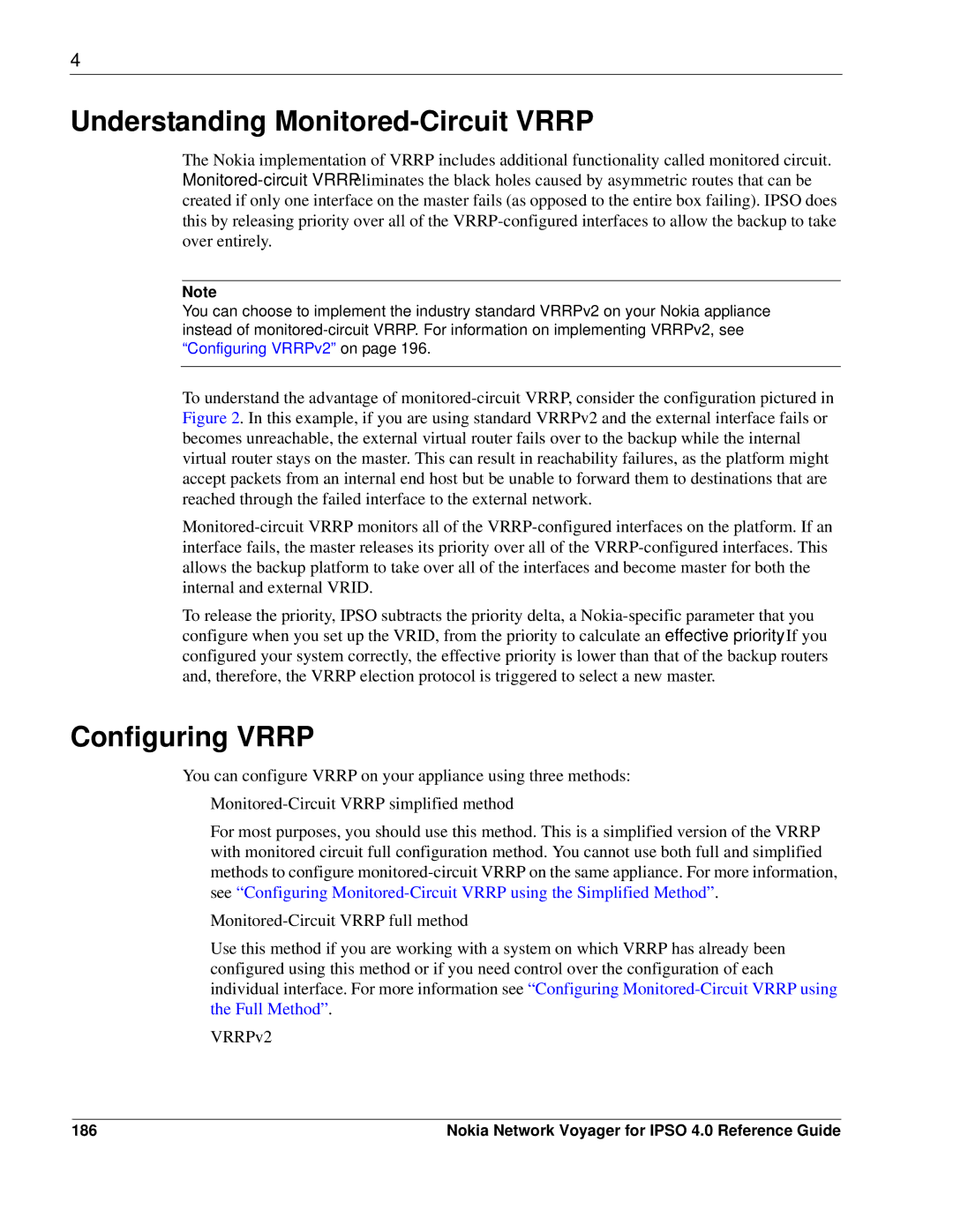 Nokia IPSO 4.0 manual Understanding Monitored-Circuit Vrrp, Configuring Vrrp, 186 