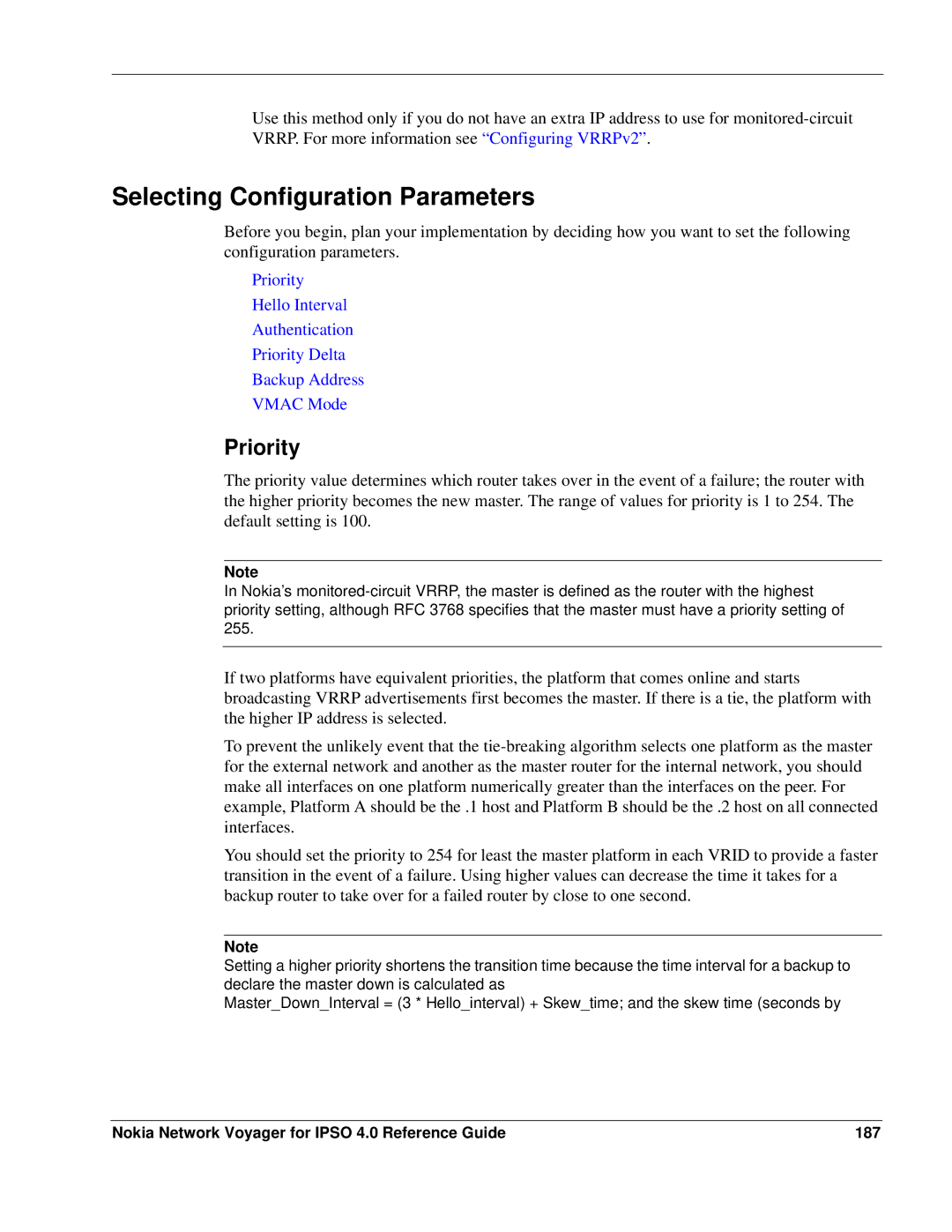 Nokia IPSO 4.0 manual Selecting Configuration Parameters, Priority, Nokia Network Voyager for Ipso 4.0 Reference Guide 187 