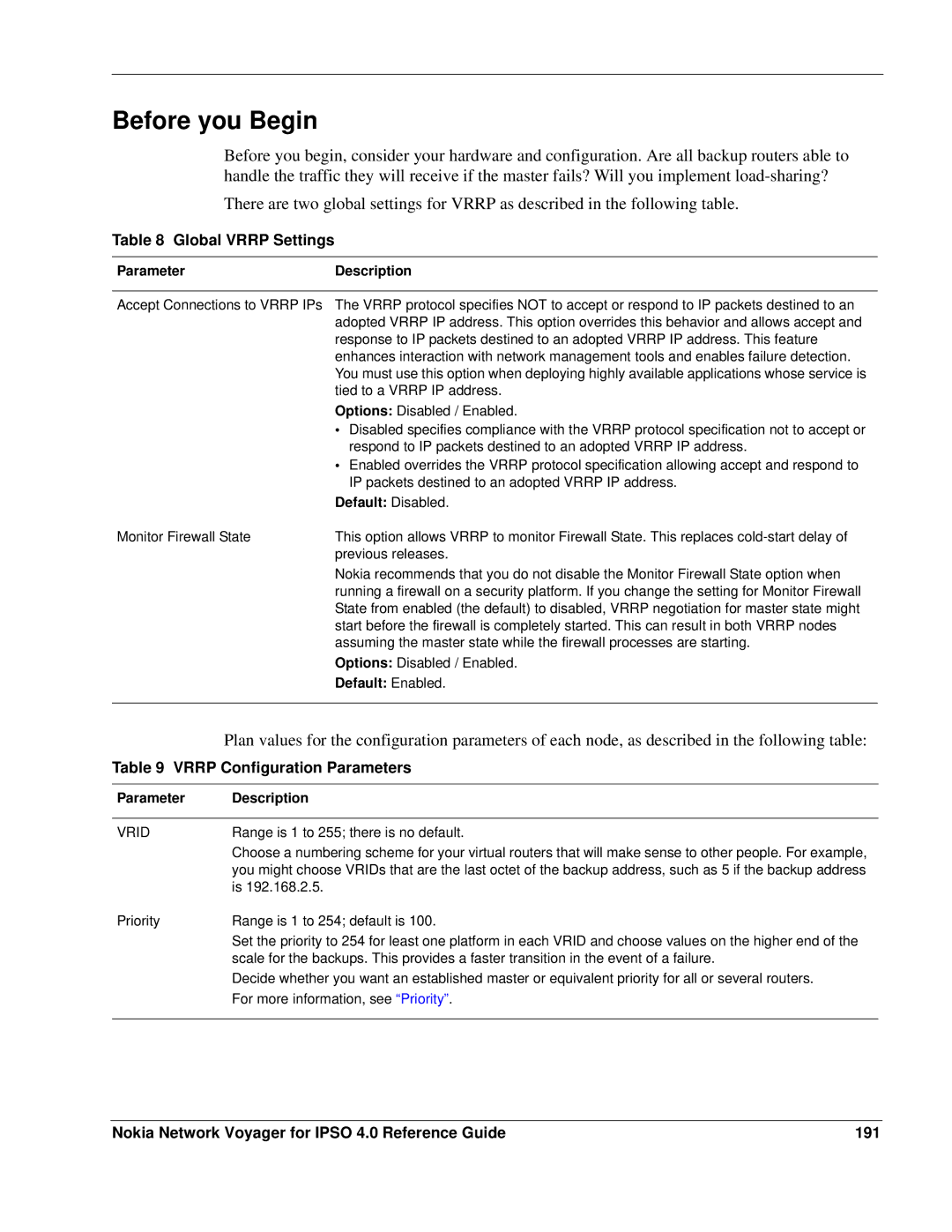 Nokia IPSO 4.0 manual Before you Begin, Global Vrrp Settings, Vrrp Configuration Parameters 