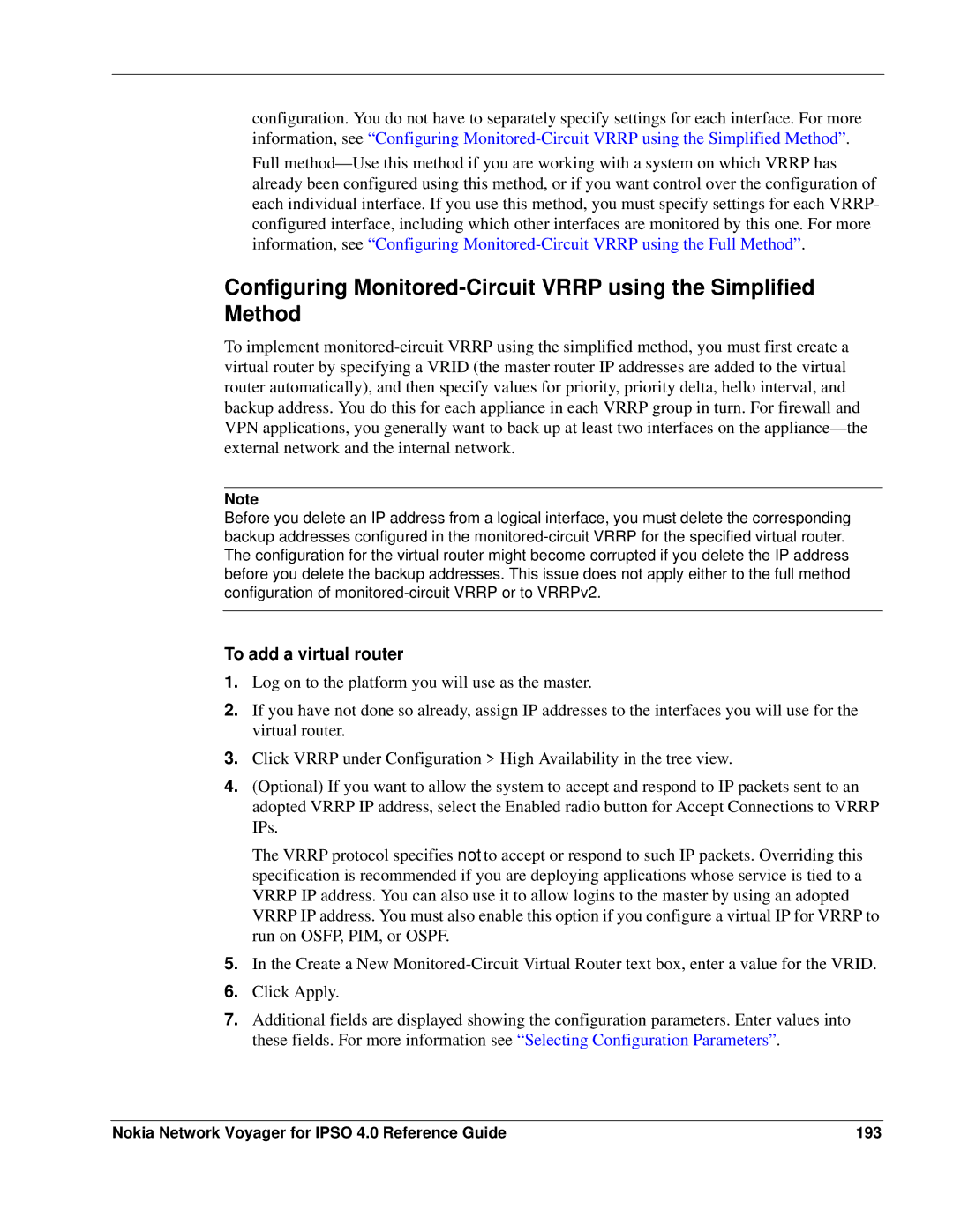 Nokia IPSO 4.0 manual To add a virtual router, Nokia Network Voyager for Ipso 4.0 Reference Guide 193 