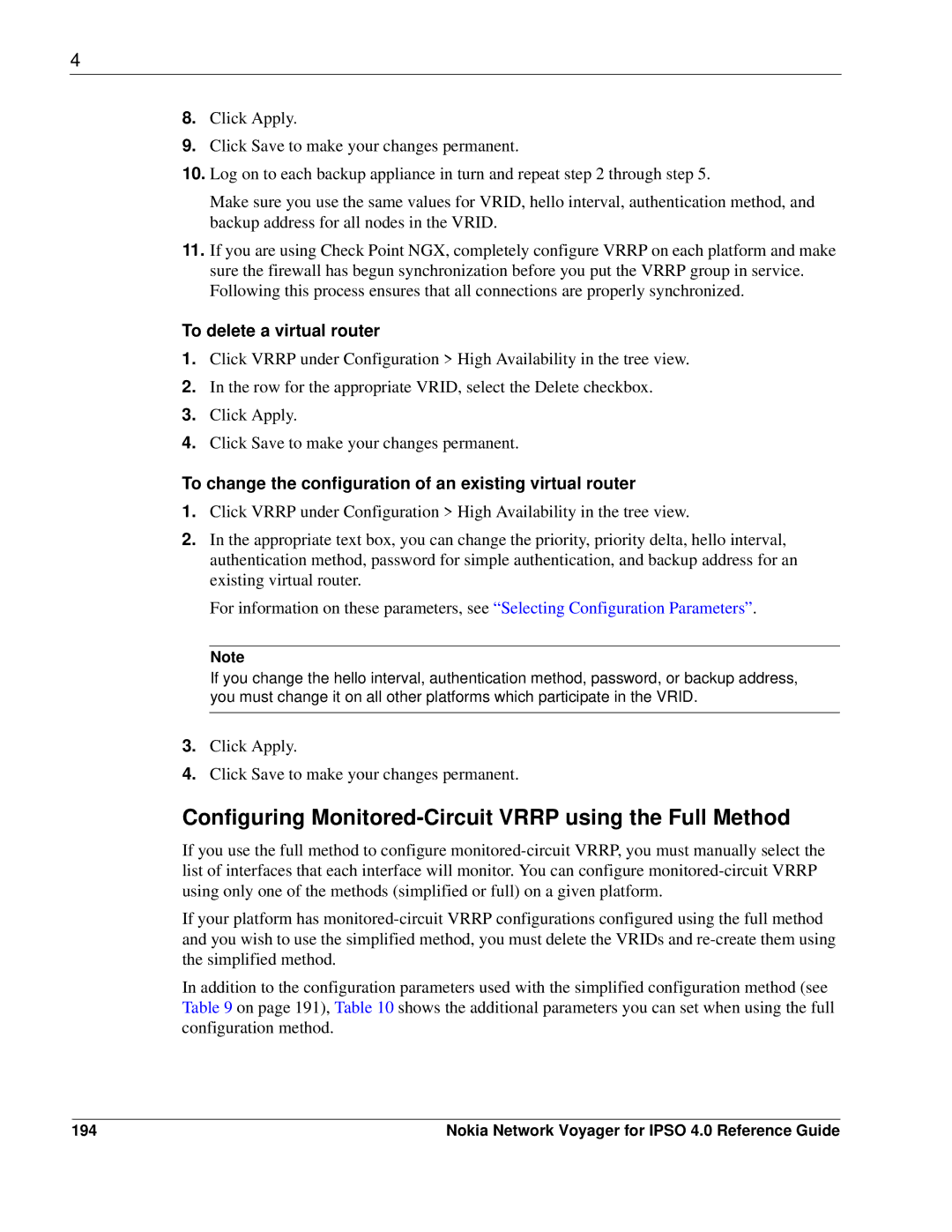 Nokia IPSO 4.0 manual Configuring Monitored-Circuit Vrrp using the Full Method, To delete a virtual router, 194 