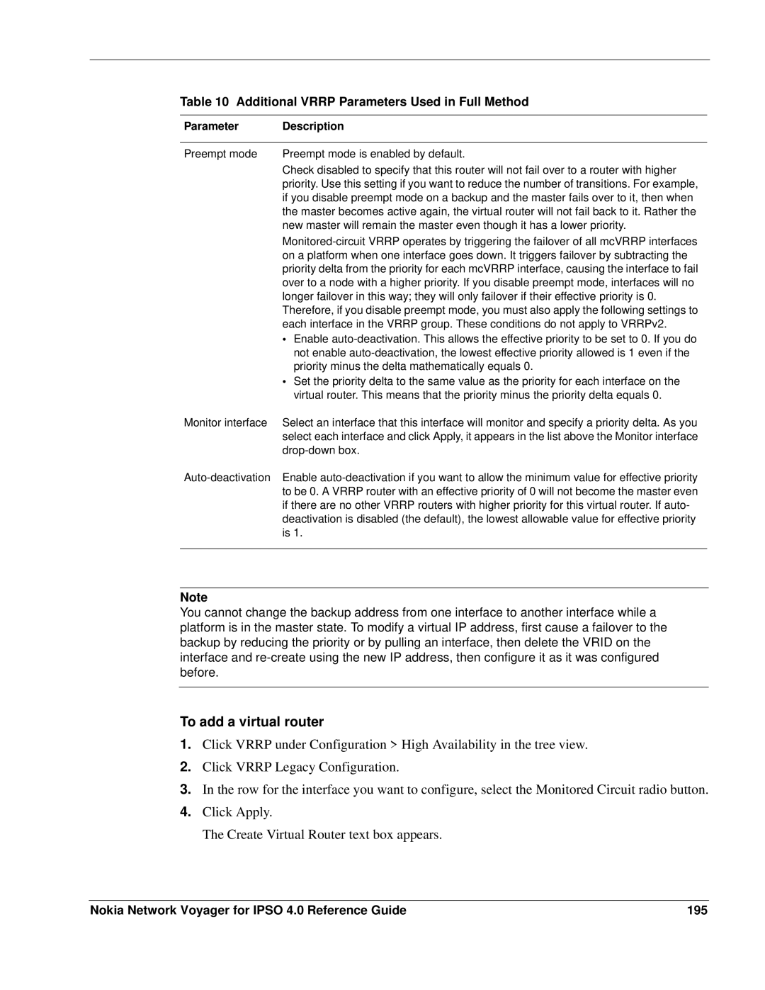 Nokia IPSO 4.0 Additional Vrrp Parameters Used in Full Method, Nokia Network Voyager for Ipso 4.0 Reference Guide 195 