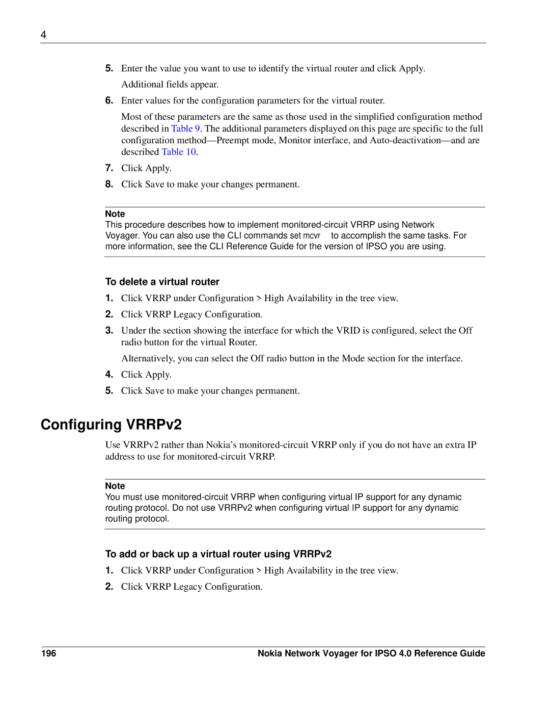 Nokia IPSO 4.0 manual Configuring VRRPv2, To add or back up a virtual router using VRRPv2, 196 