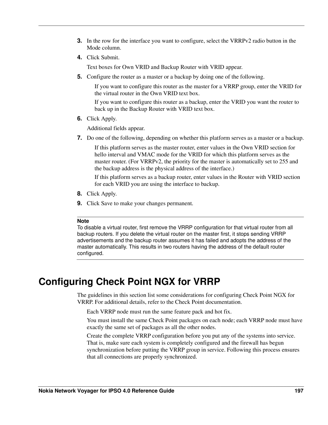 Nokia IPSO 4.0 manual Configuring Check Point NGX for Vrrp, Nokia Network Voyager for Ipso 4.0 Reference Guide 197 