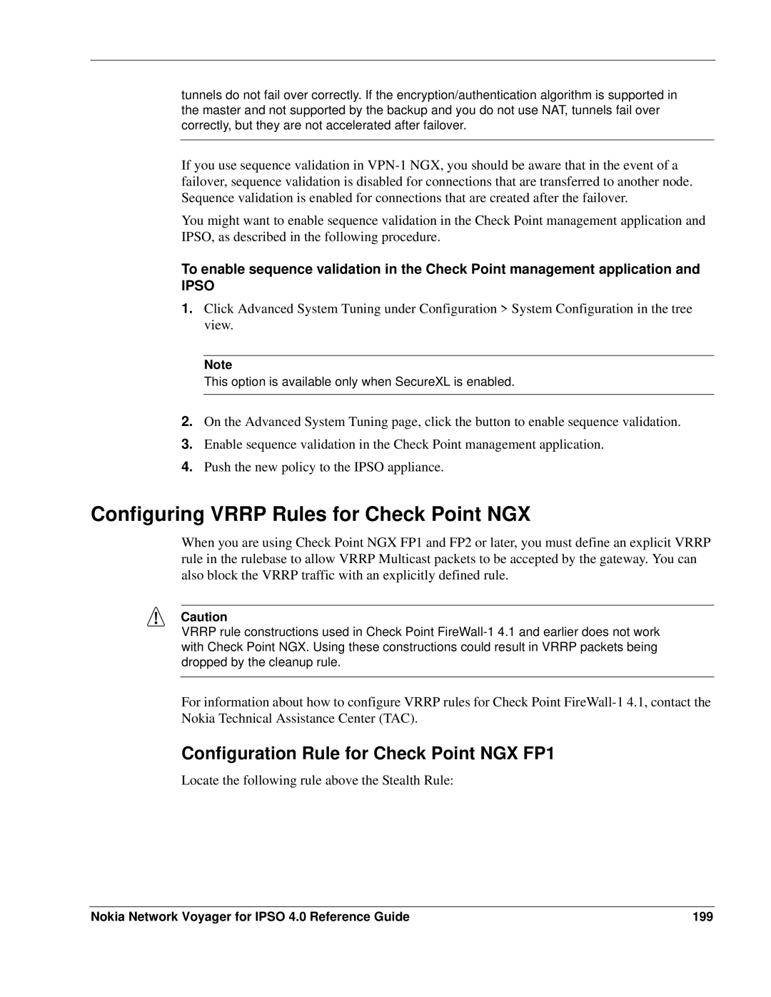 Nokia IPSO 4.0 manual Configuring Vrrp Rules for Check Point NGX, Configuration Rule for Check Point NGX FP1 