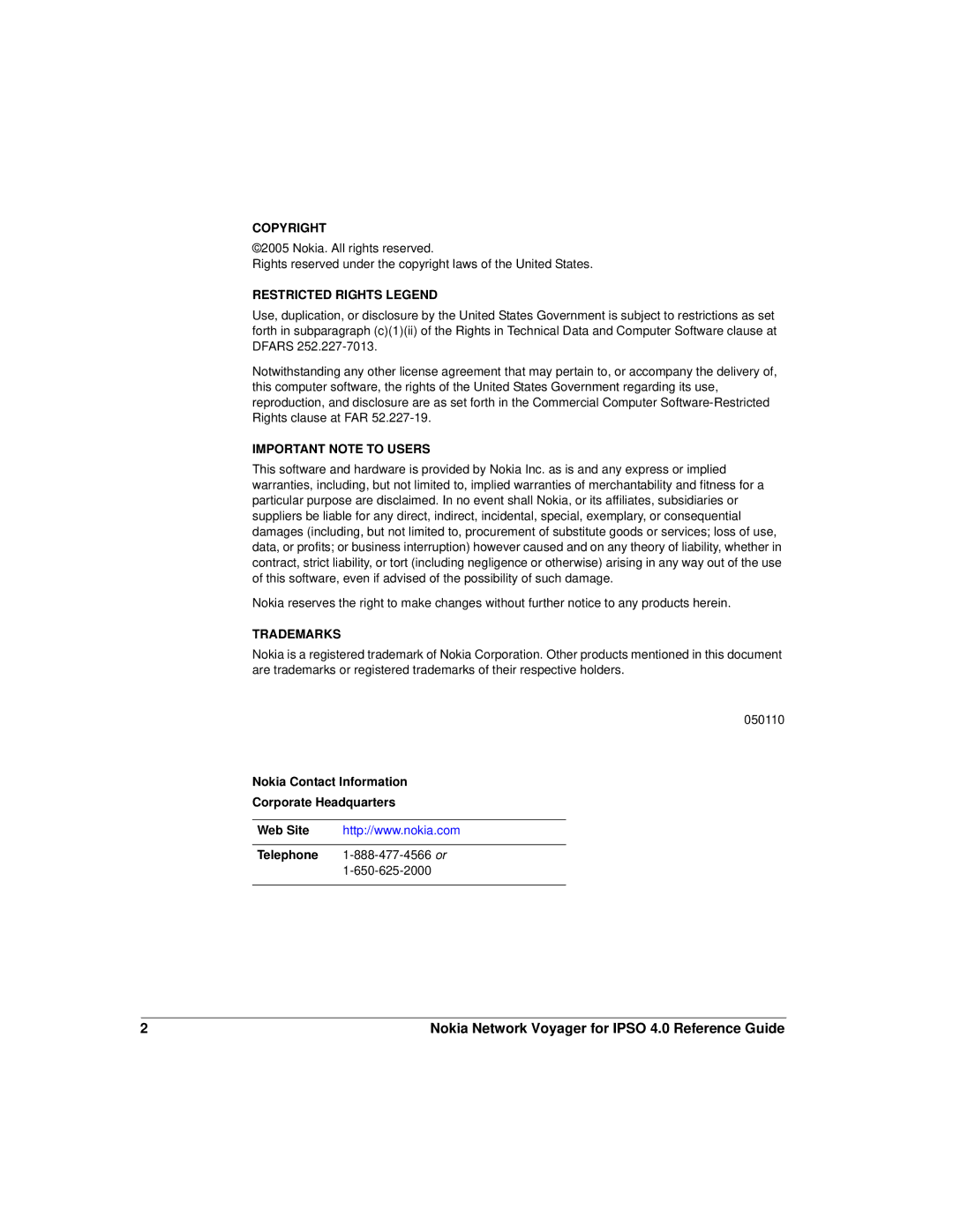 Nokia IPSO 4.0 manual Nokia Network Voyager for Ipso 4.0 Reference Guide, Restricted Rights Legend 