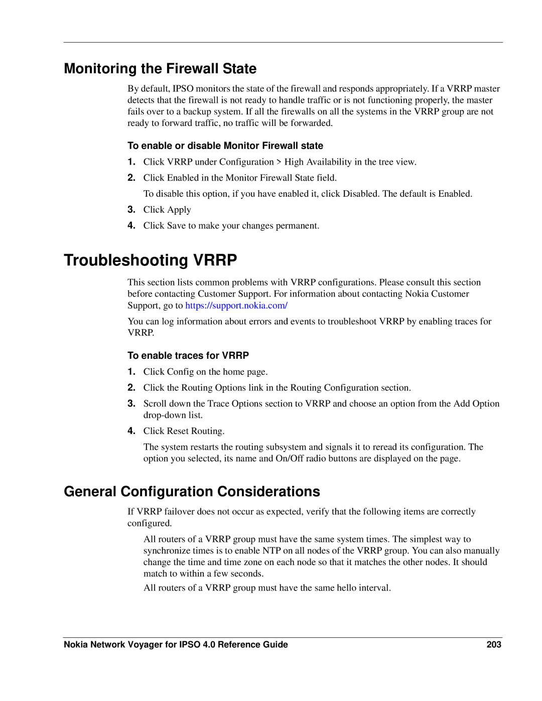 Nokia IPSO 4.0 manual Troubleshooting Vrrp, Monitoring the Firewall State, General Configuration Considerations 