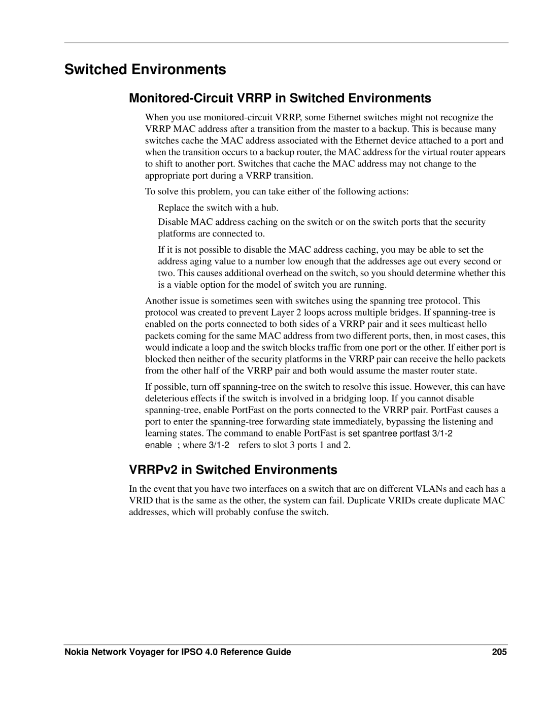 Nokia IPSO 4.0 manual Monitored-Circuit Vrrp in Switched Environments, VRRPv2 in Switched Environments 