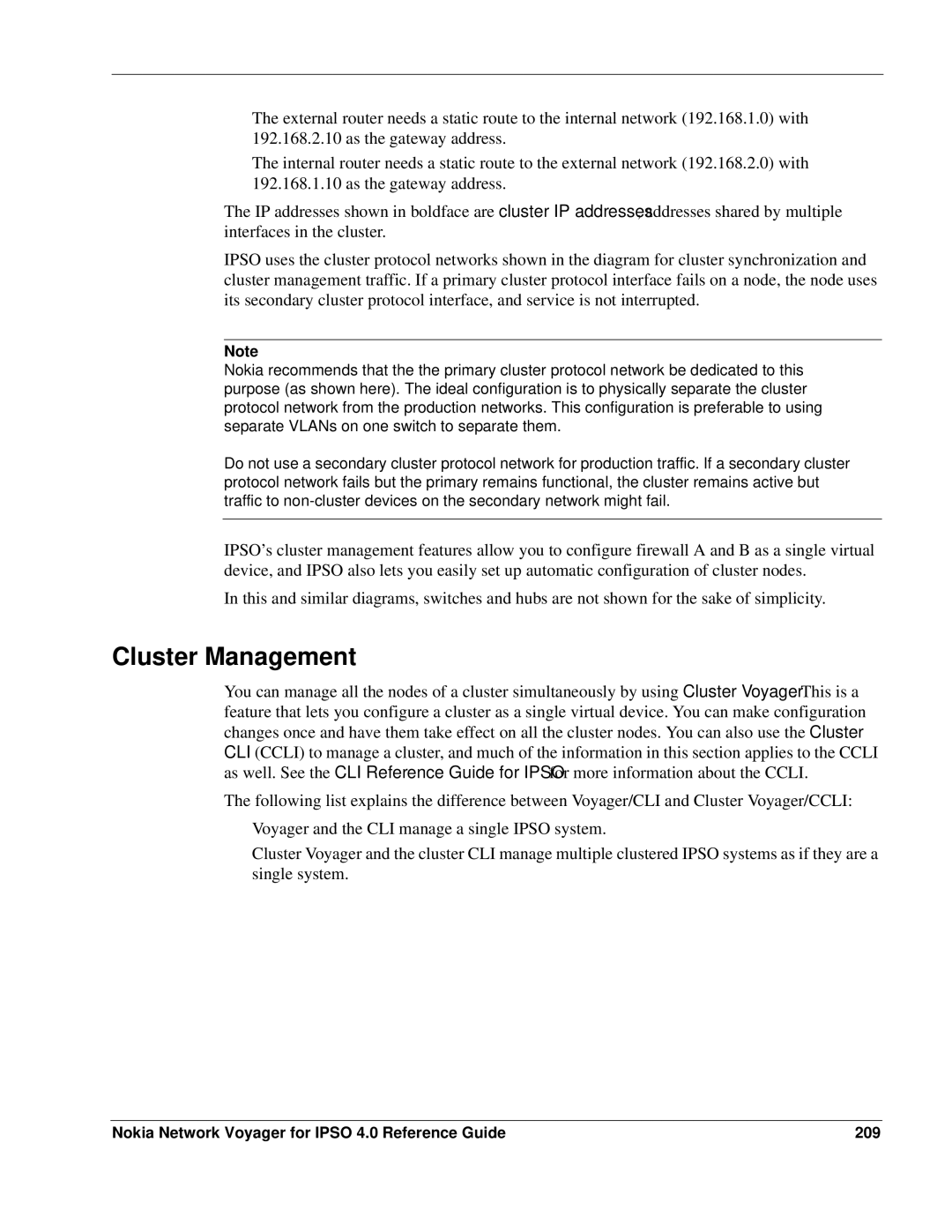 Nokia IPSO 4.0 manual Cluster Management, Nokia Network Voyager for Ipso 4.0 Reference Guide 209 