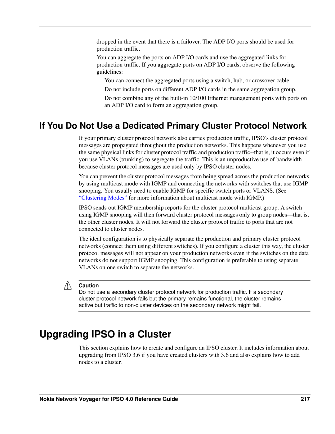 Nokia IPSO 4.0 manual Upgrading Ipso in a Cluster, Nokia Network Voyager for Ipso 4.0 Reference Guide 217 