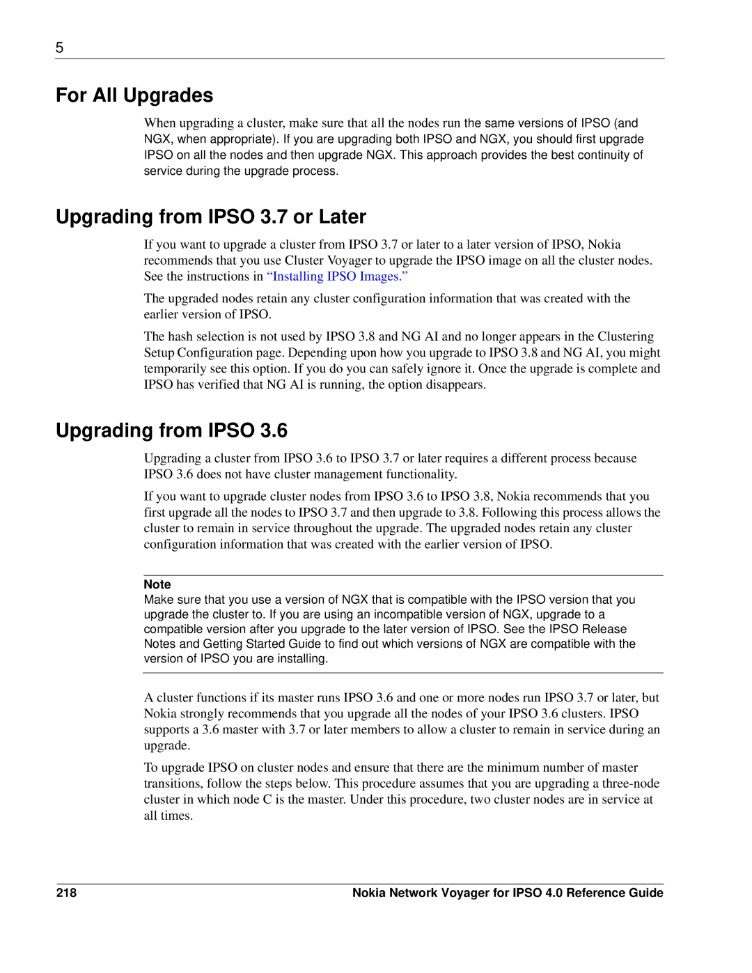 Nokia IPSO 4.0 manual For All Upgrades, Upgrading from Ipso 3.7 or Later, 218 