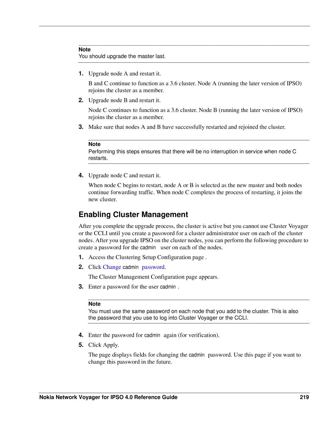 Nokia IPSO 4.0 manual Enabling Cluster Management, Nokia Network Voyager for Ipso 4.0 Reference Guide 219 