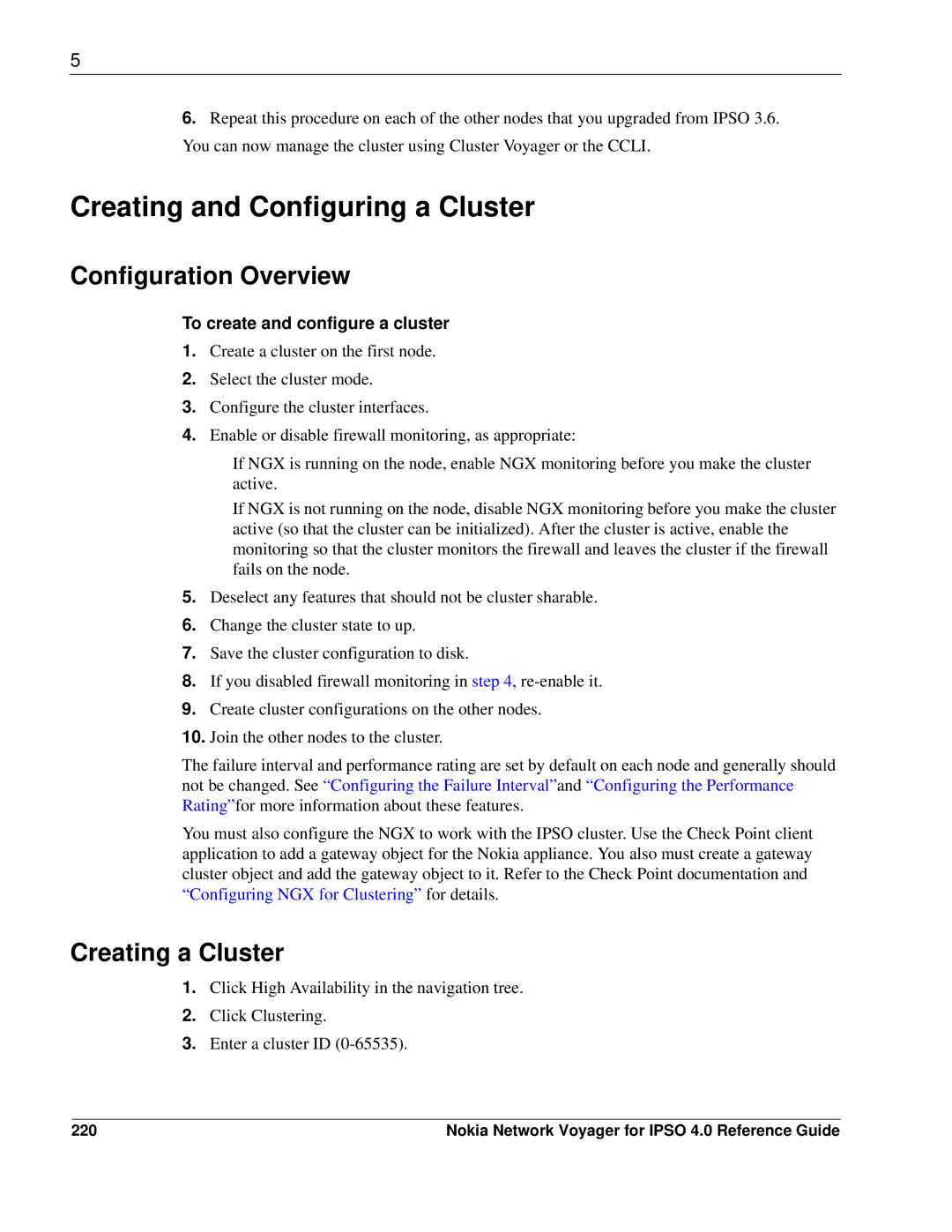 Nokia IPSO 4.0 manual Creating and Configuring a Cluster, Configuration Overview, Creating a Cluster, 220 