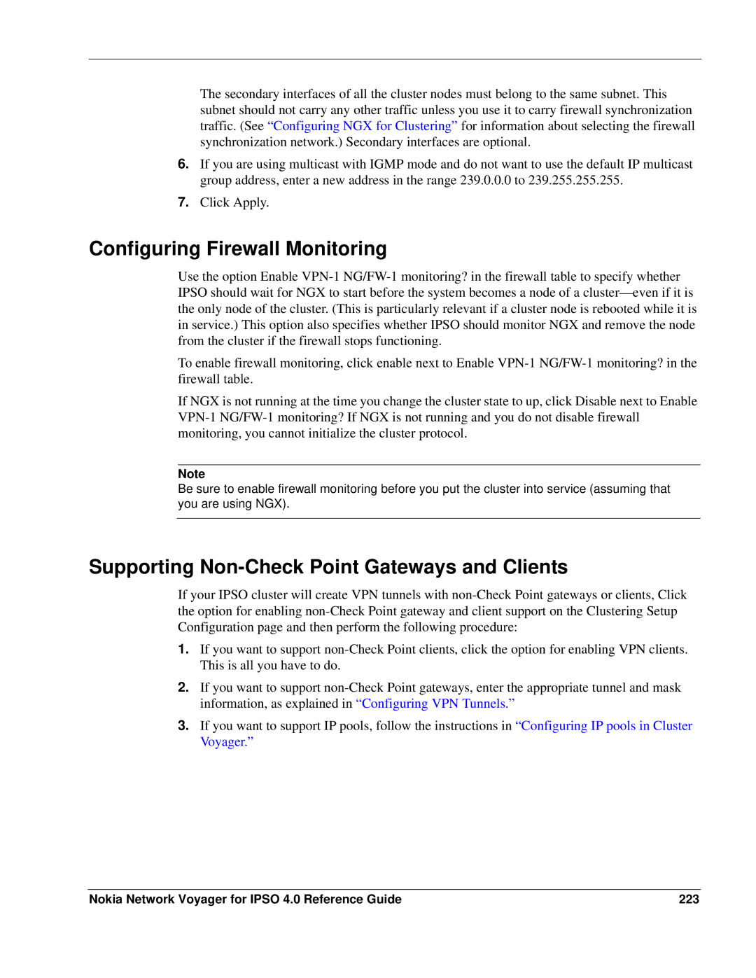 Nokia IPSO 4.0 manual Configuring Firewall Monitoring, Supporting Non-Check Point Gateways and Clients 