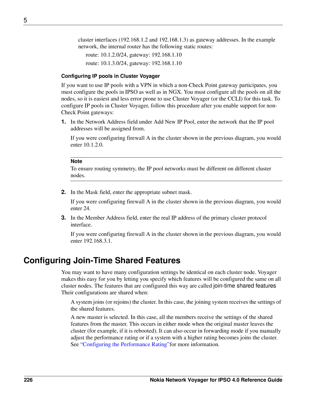 Nokia IPSO 4.0 manual Configuring Join-Time Shared Features, Configuring IP pools in Cluster Voyager, 226 