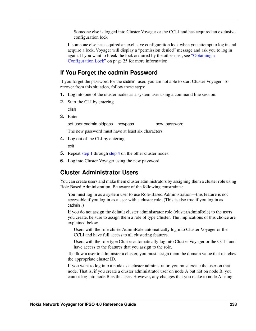 Nokia IPSO 4.0 manual If You Forget the cadmin Password, Cluster Administrator Users 