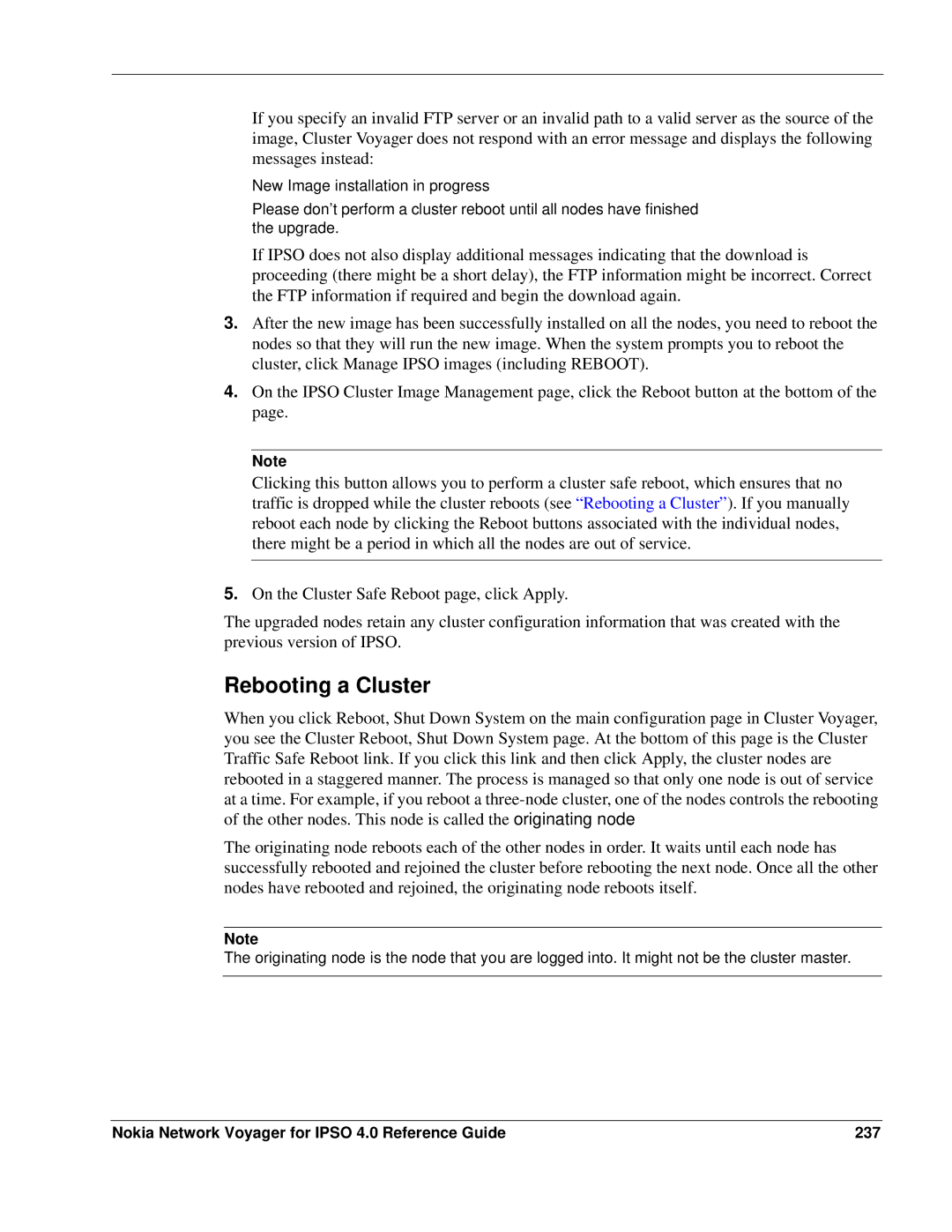 Nokia IPSO 4.0 manual Rebooting a Cluster, Nokia Network Voyager for Ipso 4.0 Reference Guide 237 