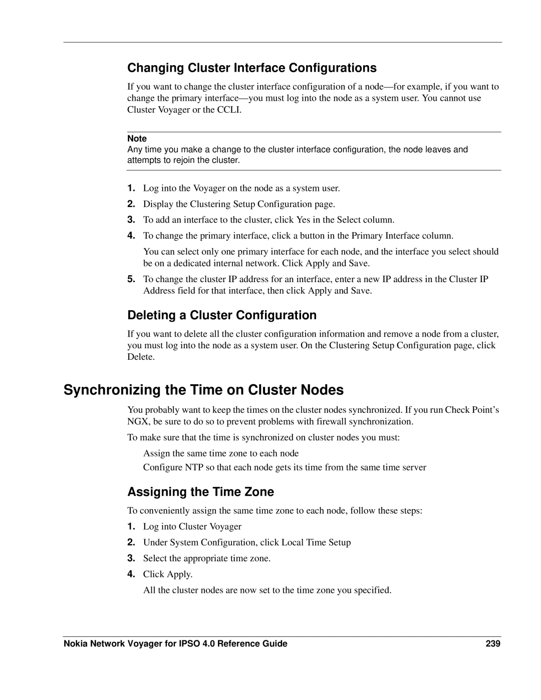 Nokia IPSO 4.0 Synchronizing the Time on Cluster Nodes, Changing Cluster Interface Configurations, Assigning the Time Zone 