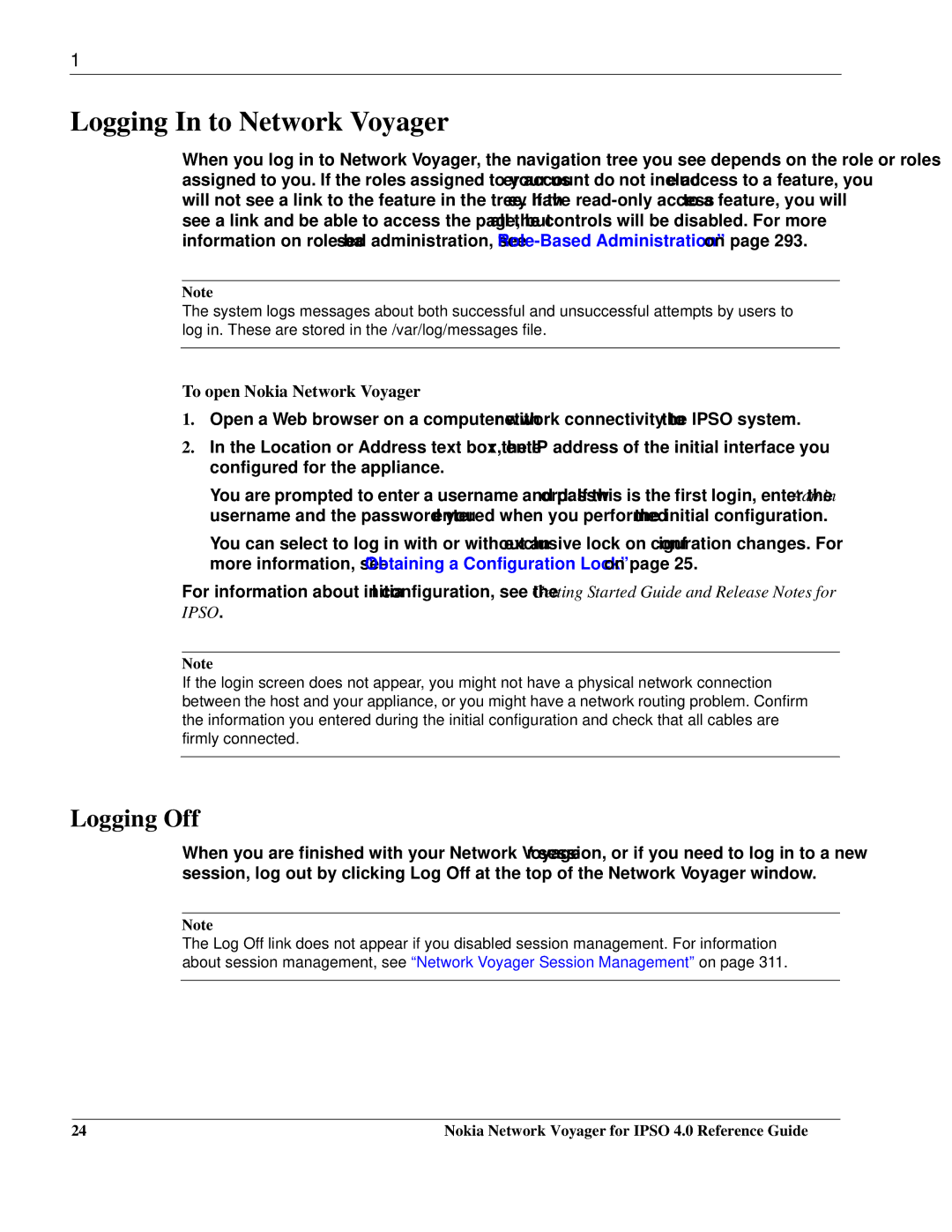 Nokia IPSO 4.0 manual Logging In to Network Voyager, Logging Off, To open Nokia Network Voyager 