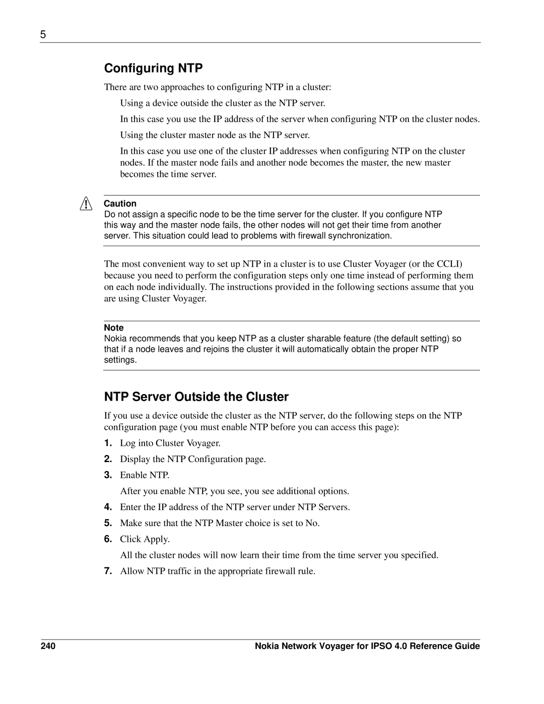 Nokia IPSO 4.0 manual Configuring NTP, NTP Server Outside the Cluster, 240 