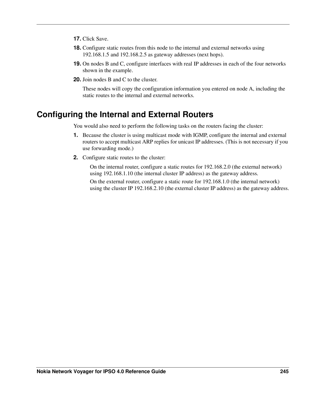 Nokia IPSO 4.0 manual Configuring the Internal and External Routers, Nokia Network Voyager for Ipso 4.0 Reference Guide 245 